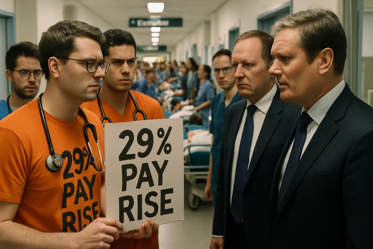 Doctors with a '29% Pay Rise' sign facing officials in a hospital