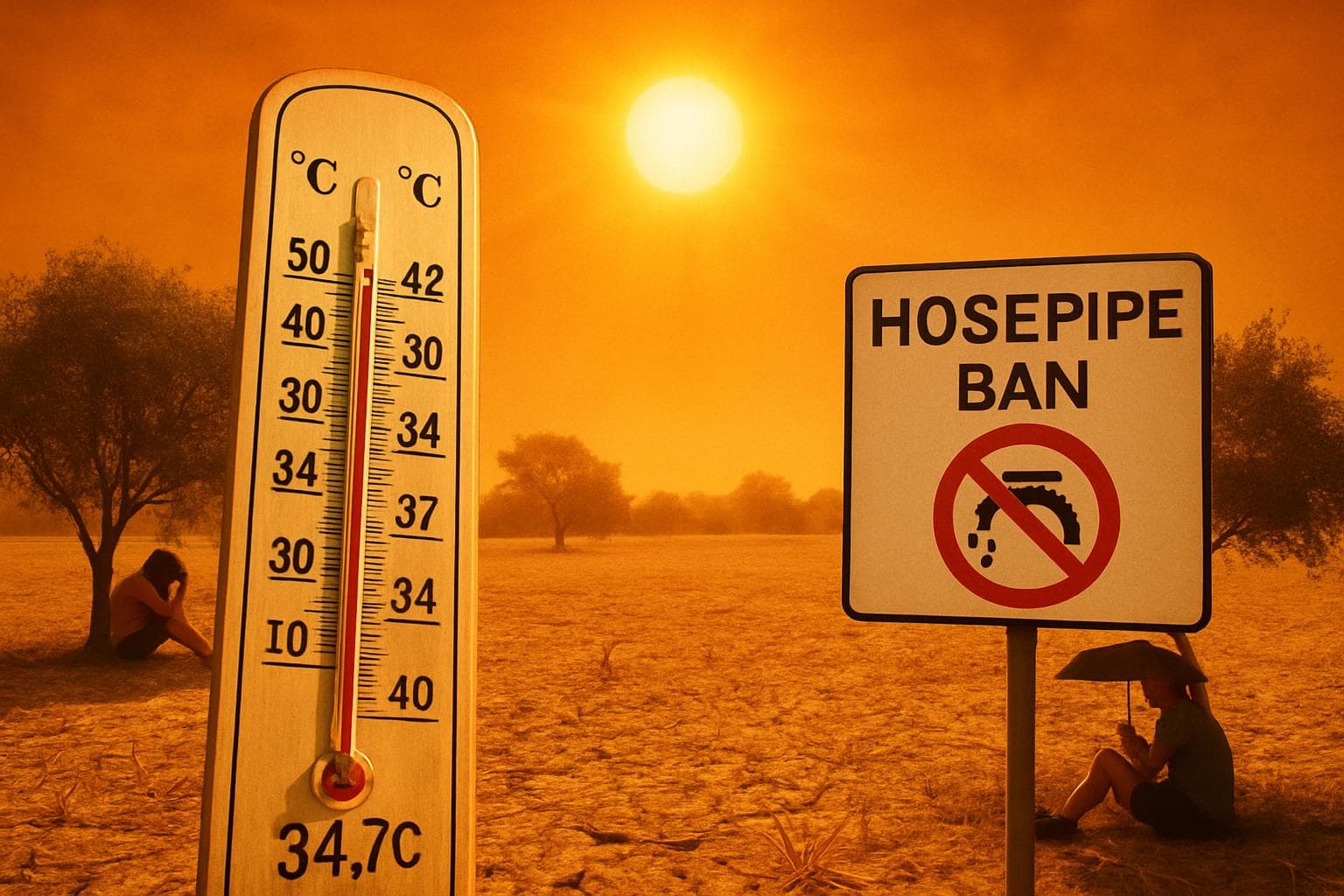 Scorching UK landscape with parched fields and thermometers