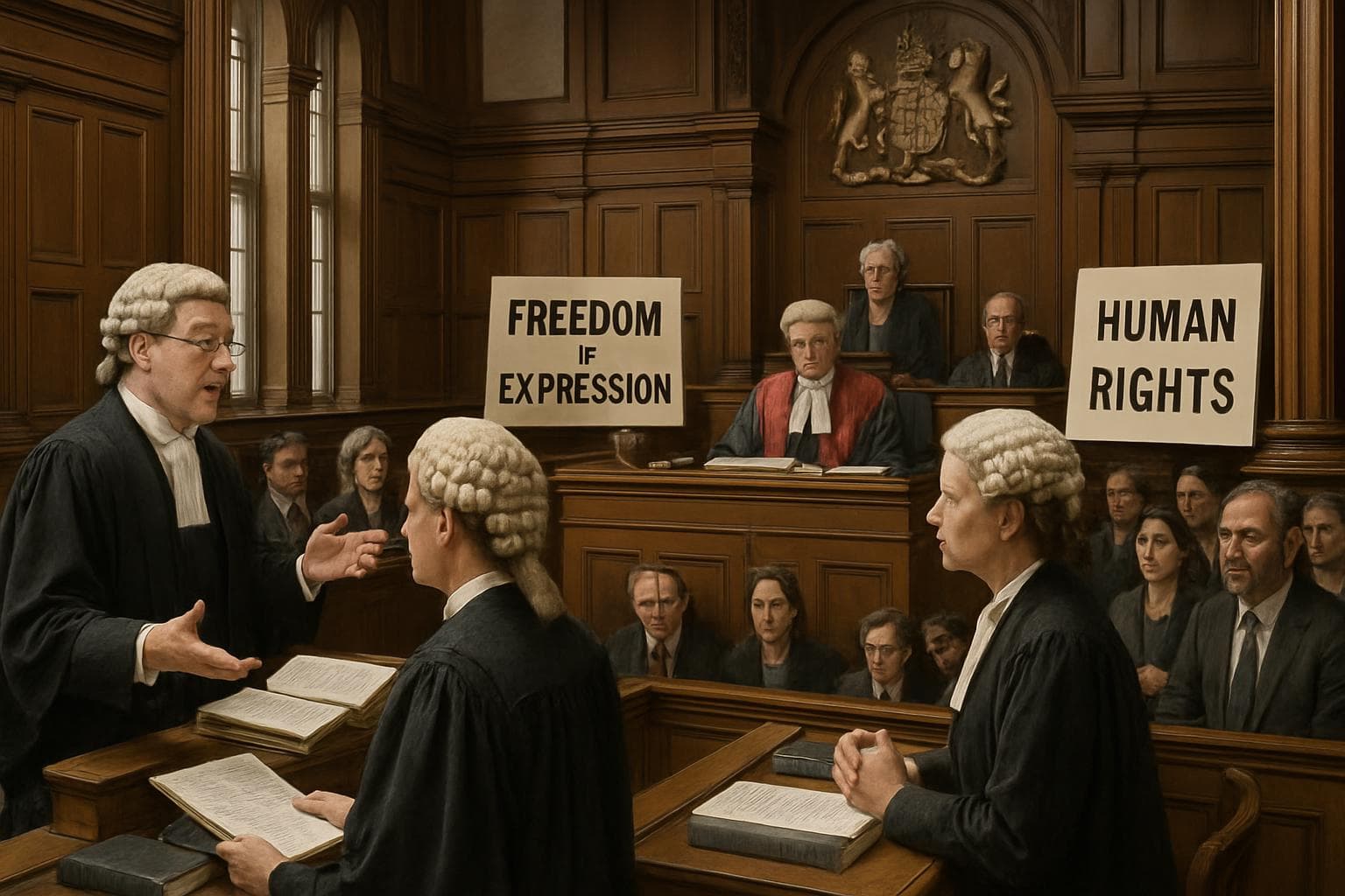 High Court courtroom scene with lawyers discussing Palestine Action ban