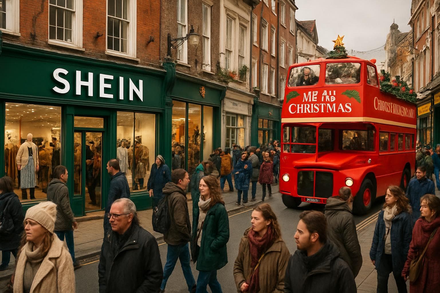 UK high street with Shein pop-up shop and Christmas bus