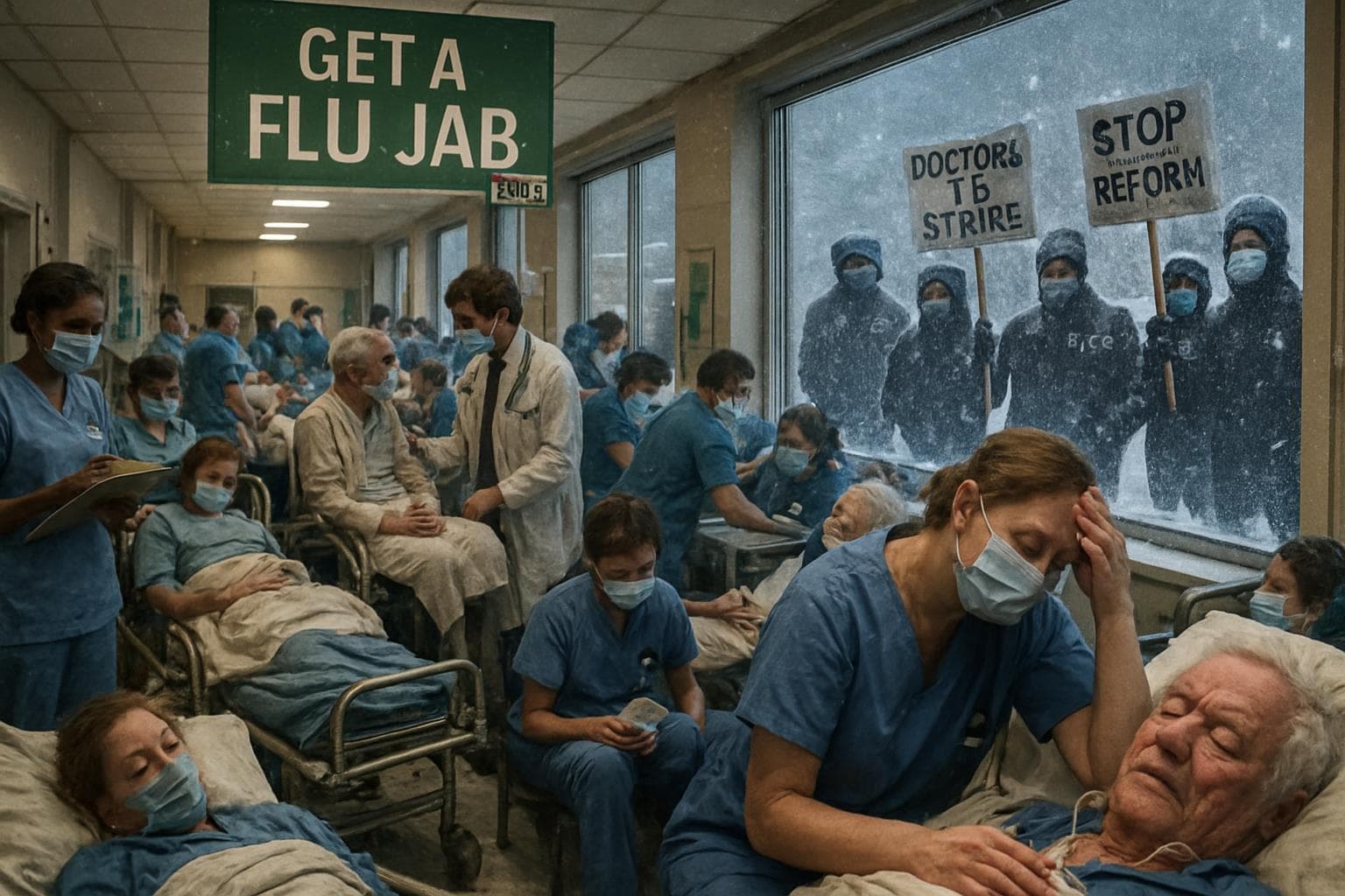 Crowded UK hospital with healthcare workers and flu patients