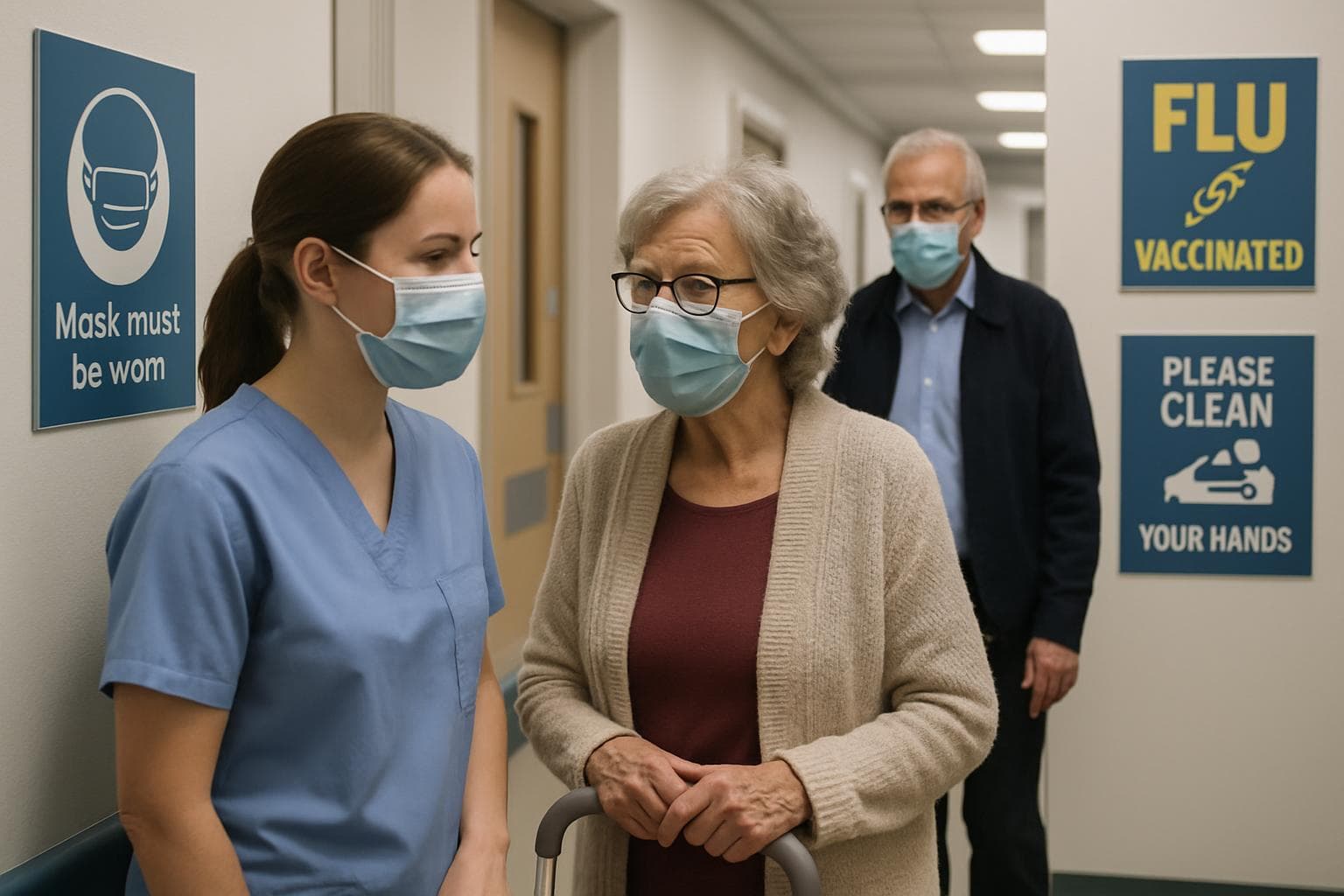 Healthcare staff, patients, and visitors wearing masks in UK hospital
