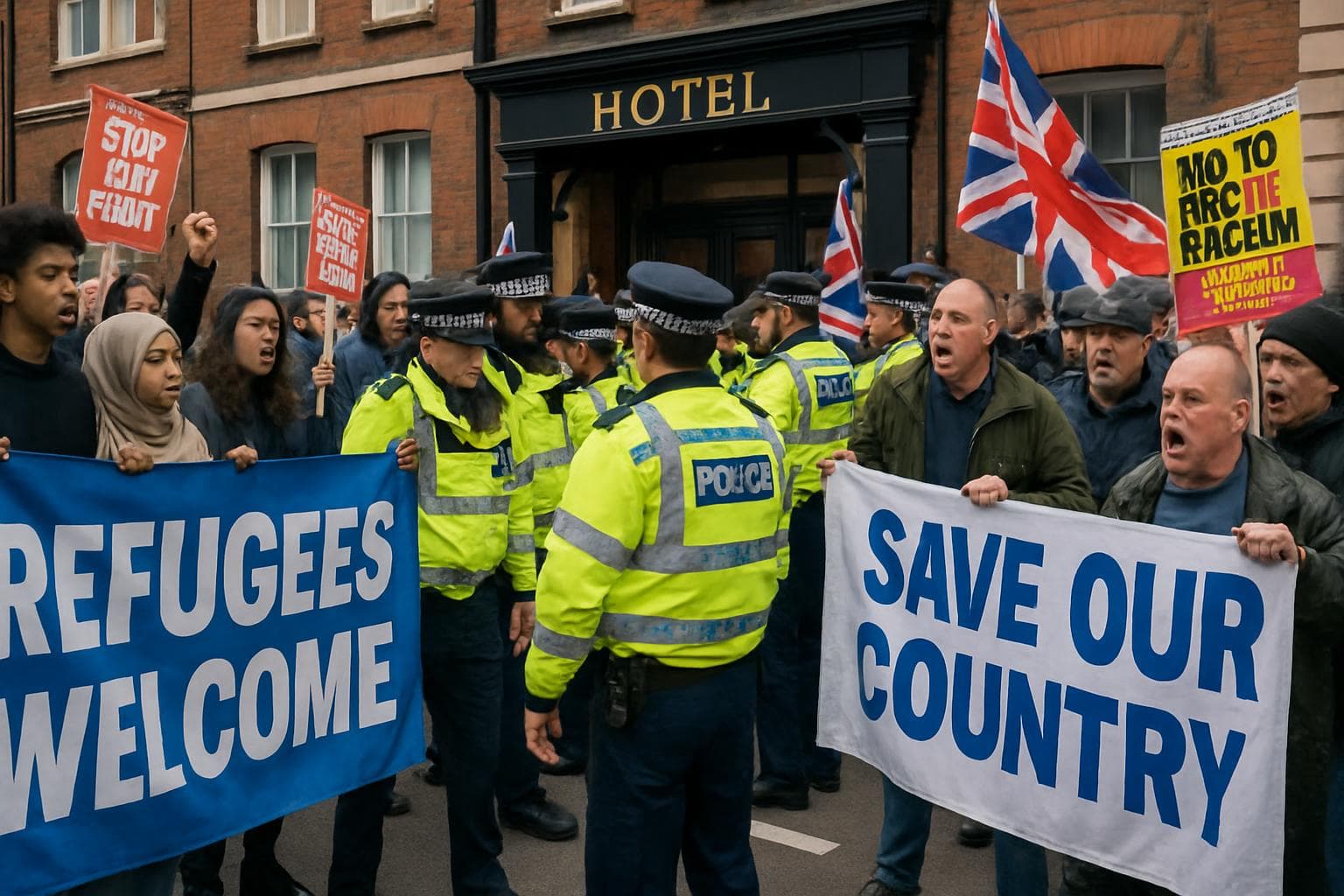 Protesters and counter-protesters outside a UK hotel with police