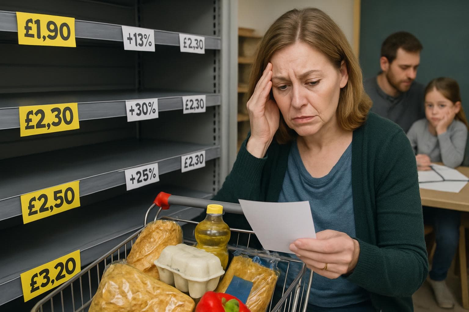 A UK household with empty shelves and a budget planner