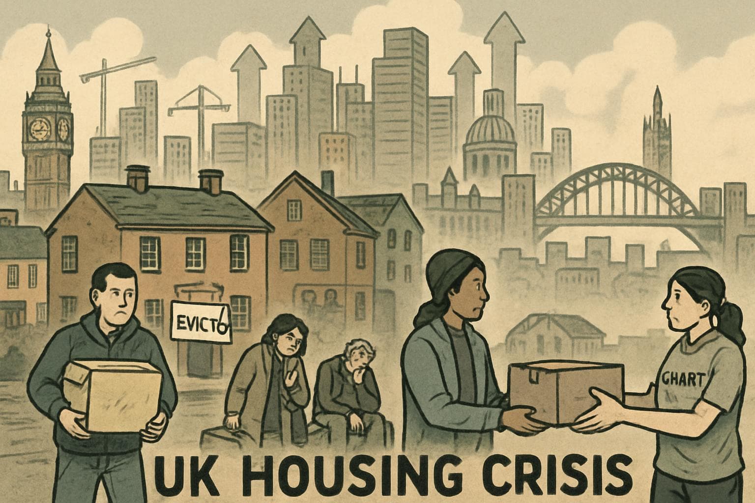 Crowded urban skylines of London and Newcastle with evicted people