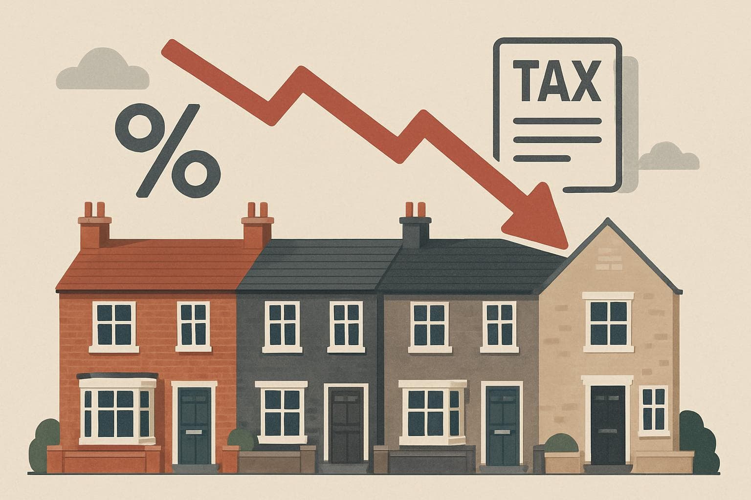 Row of UK houses with symbols of declining prices and rising costs