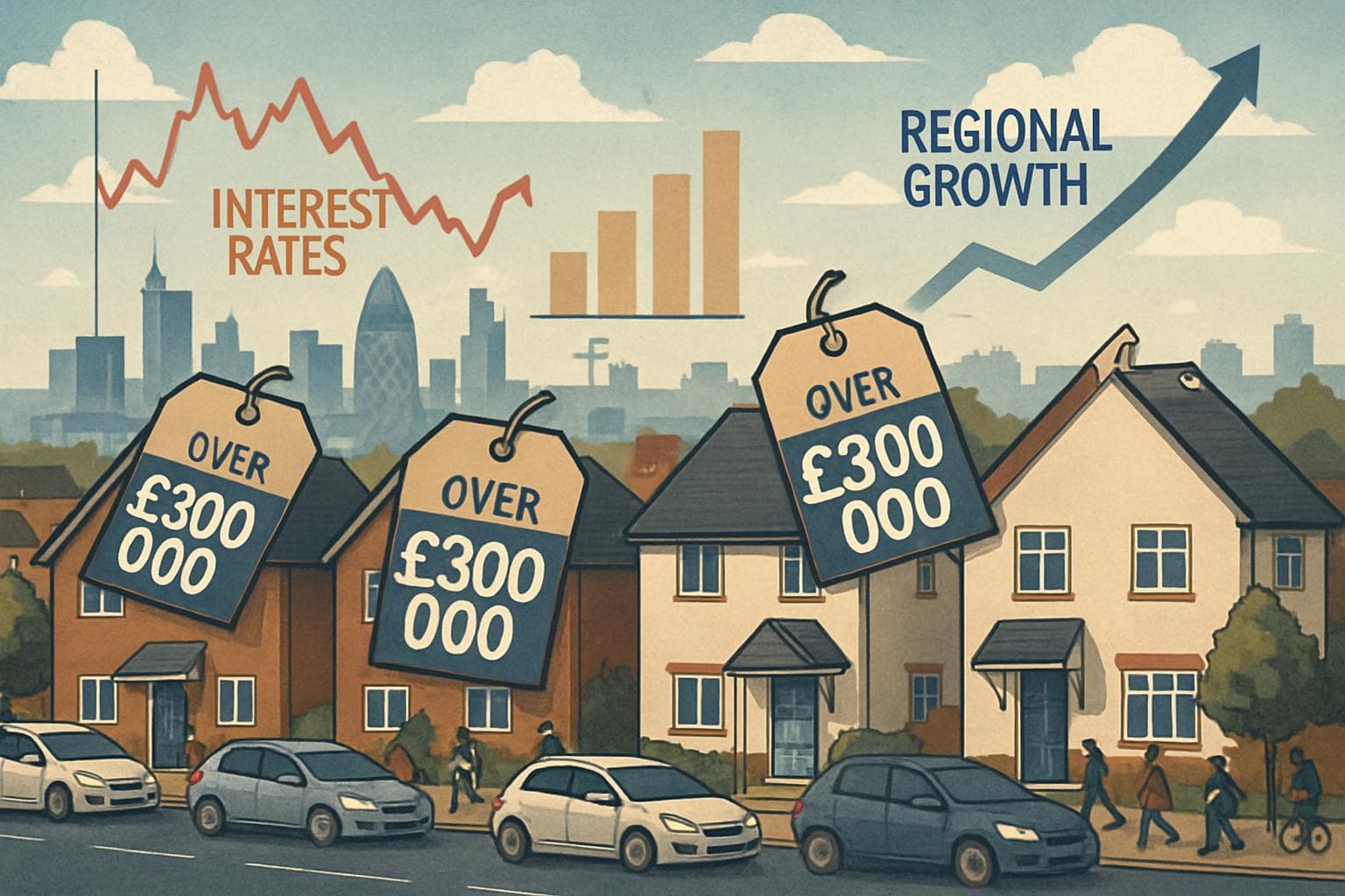 UK cityscape with houses and price tags over £300,000