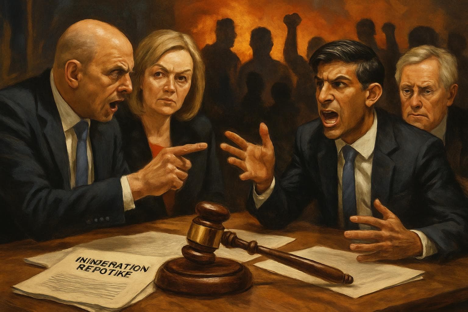 Government officials discussing UK immigration reforms with gavel and documents