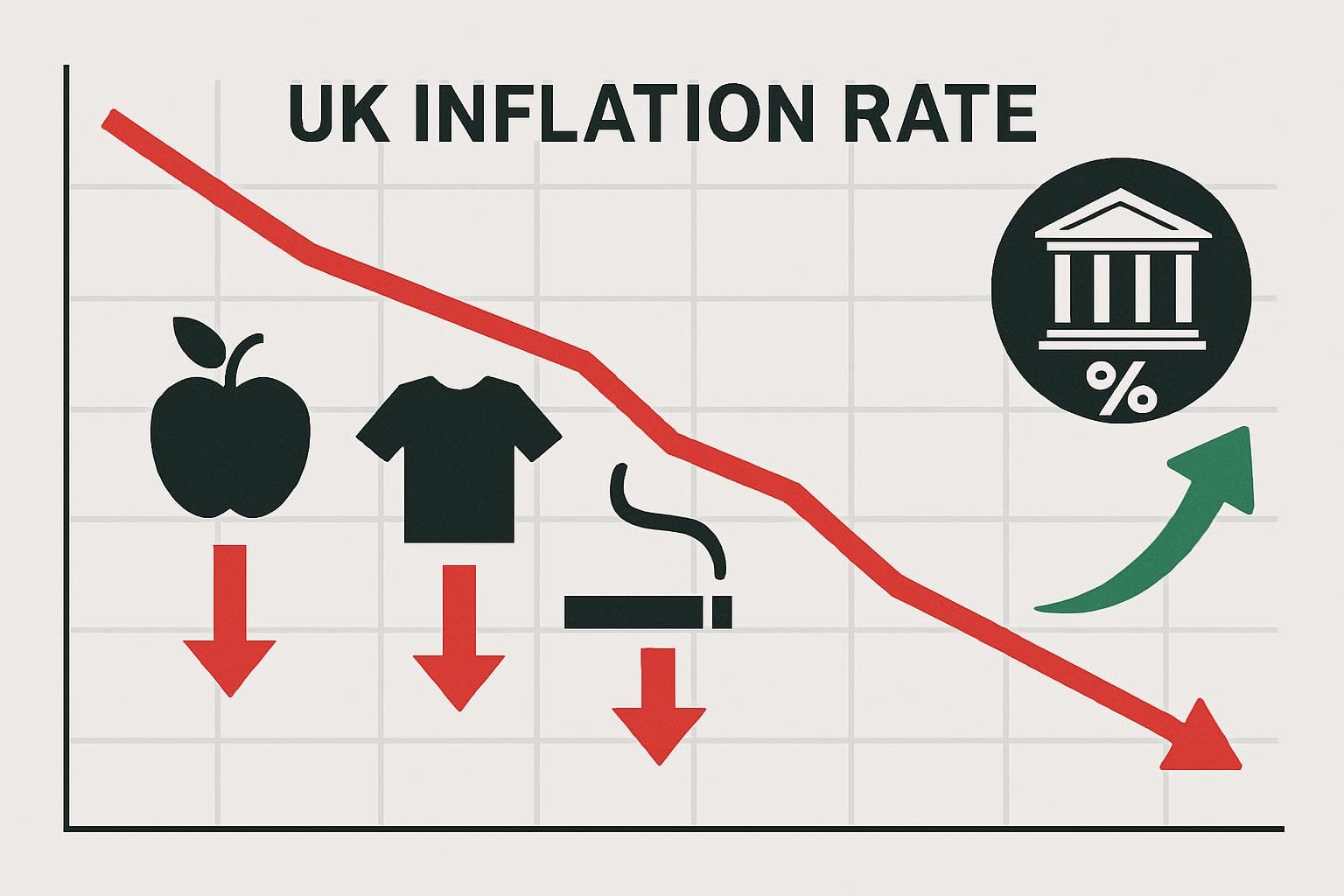 Graph showing UK's inflation rate decline with symbols for food, clothing, tobacco, and Bank of England.
