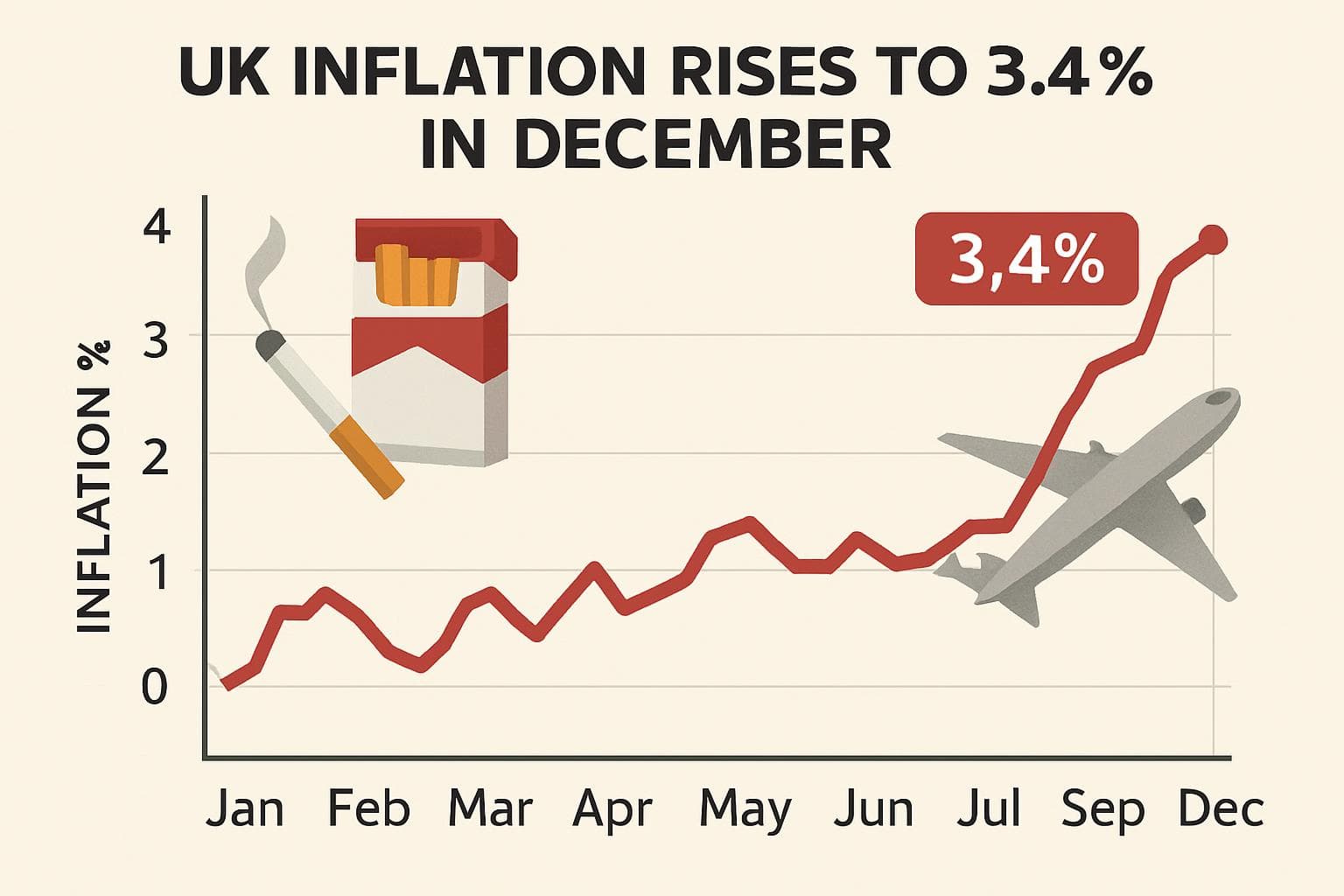 Graph showing UK's inflation rise to 3.4% in December with tobacco and airplane icons.