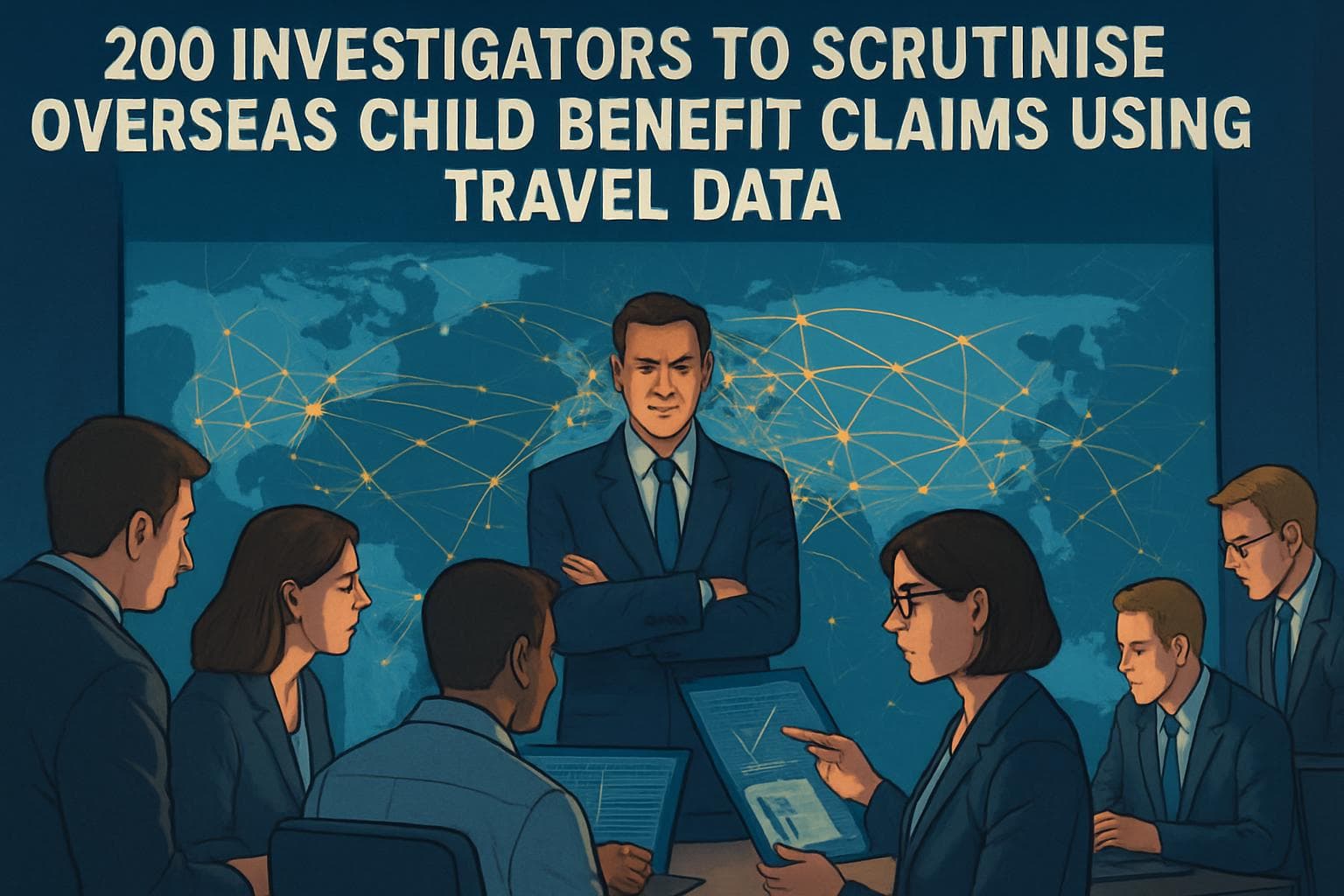 Team of investigators analyzing data on a digital map