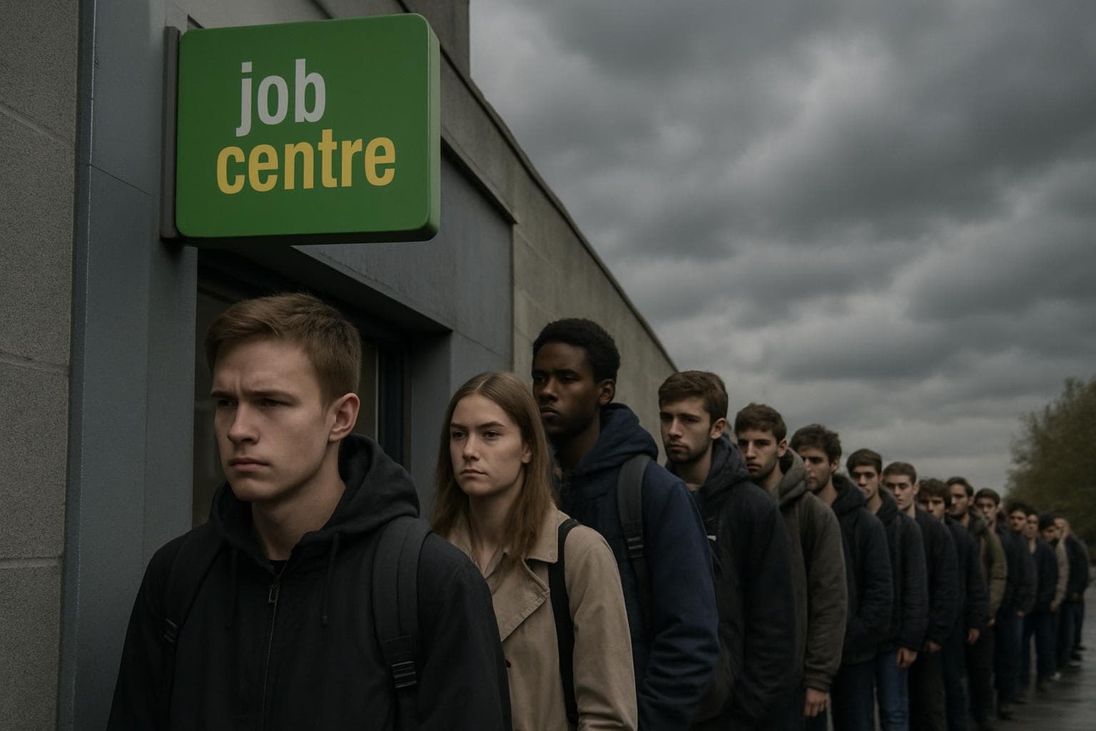Young job seekers in line under cloudy sky near Job Centre