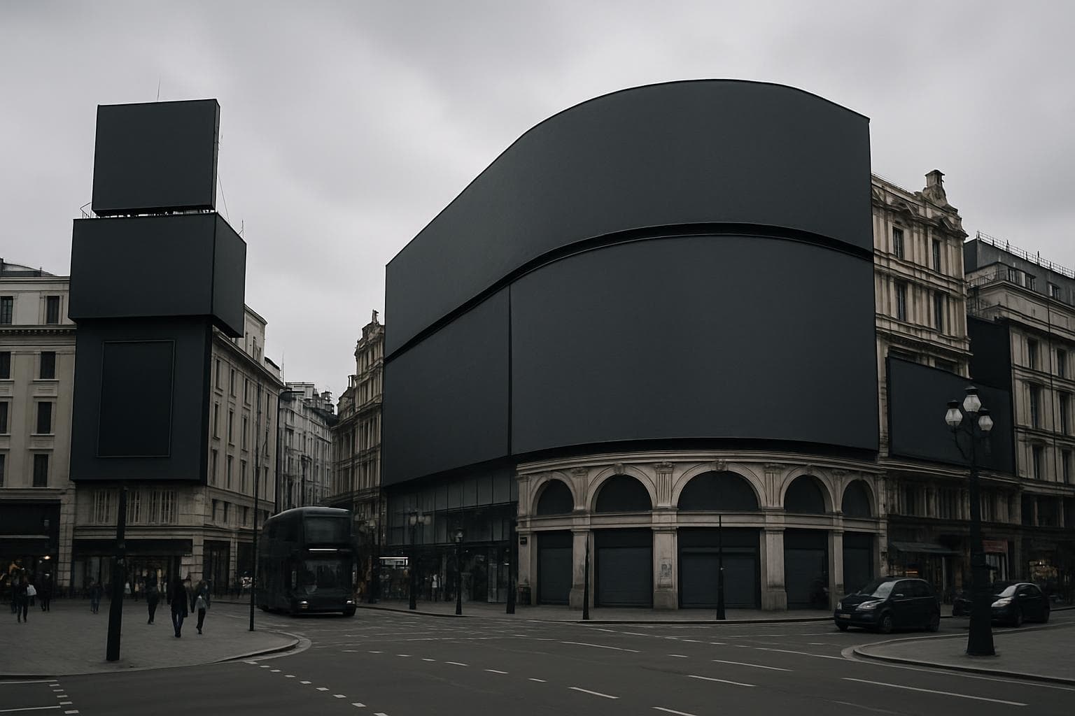 Cityscape with turned-off billboards symbolizing UK's junk food ad ban