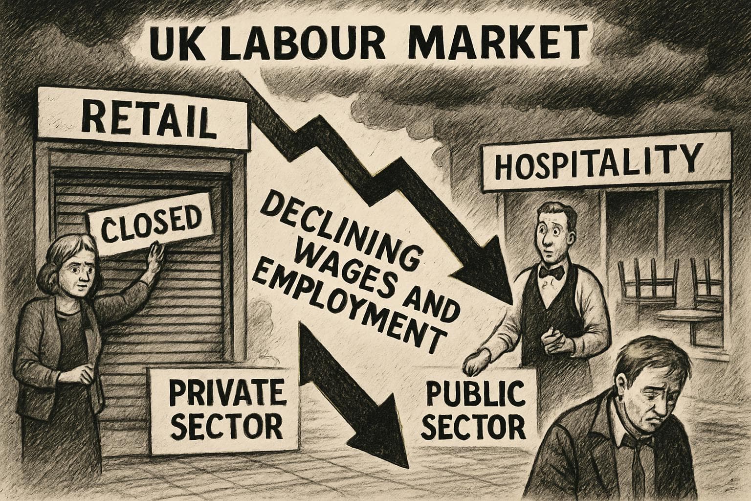 UK labour market scene with declining wages and employment