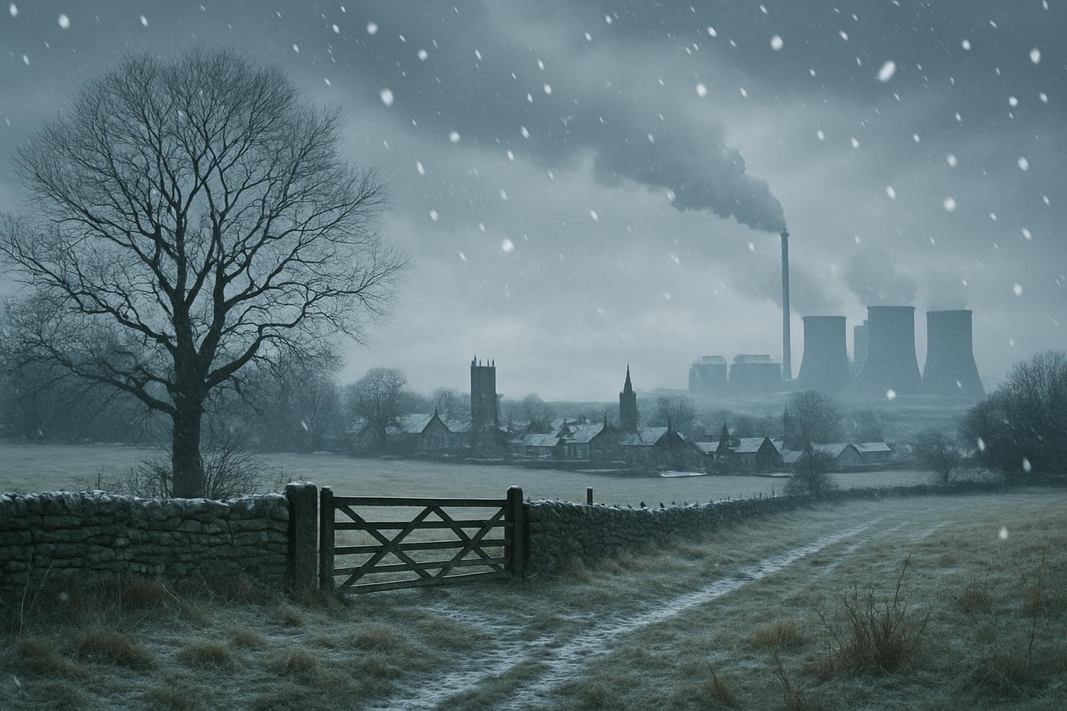 Chilly UK landscape with light snow flurries