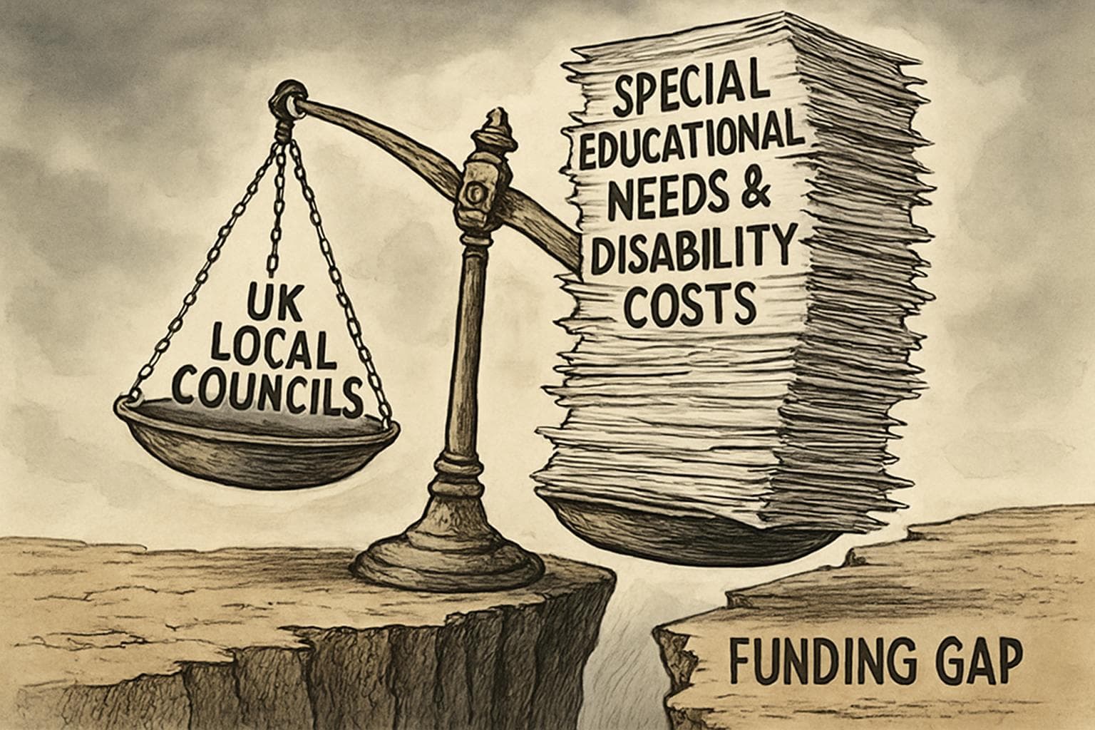 Scales overloaded with costs representing UK local council financial strain