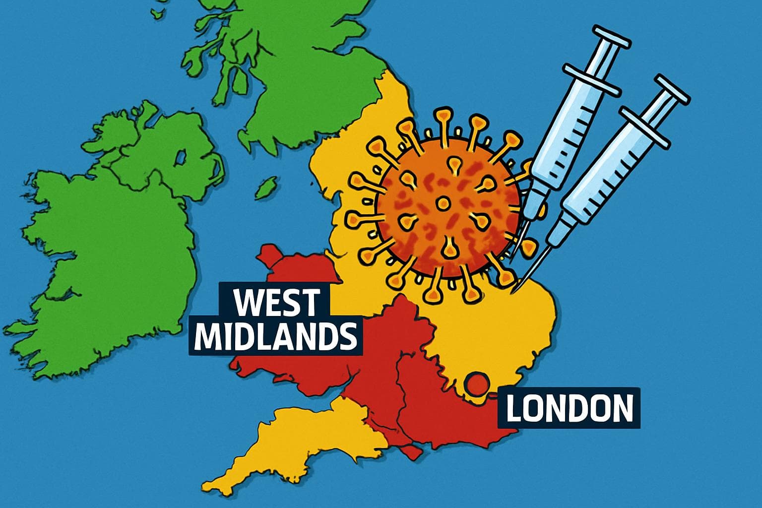 UK map with measles virus and vaccine syringes
