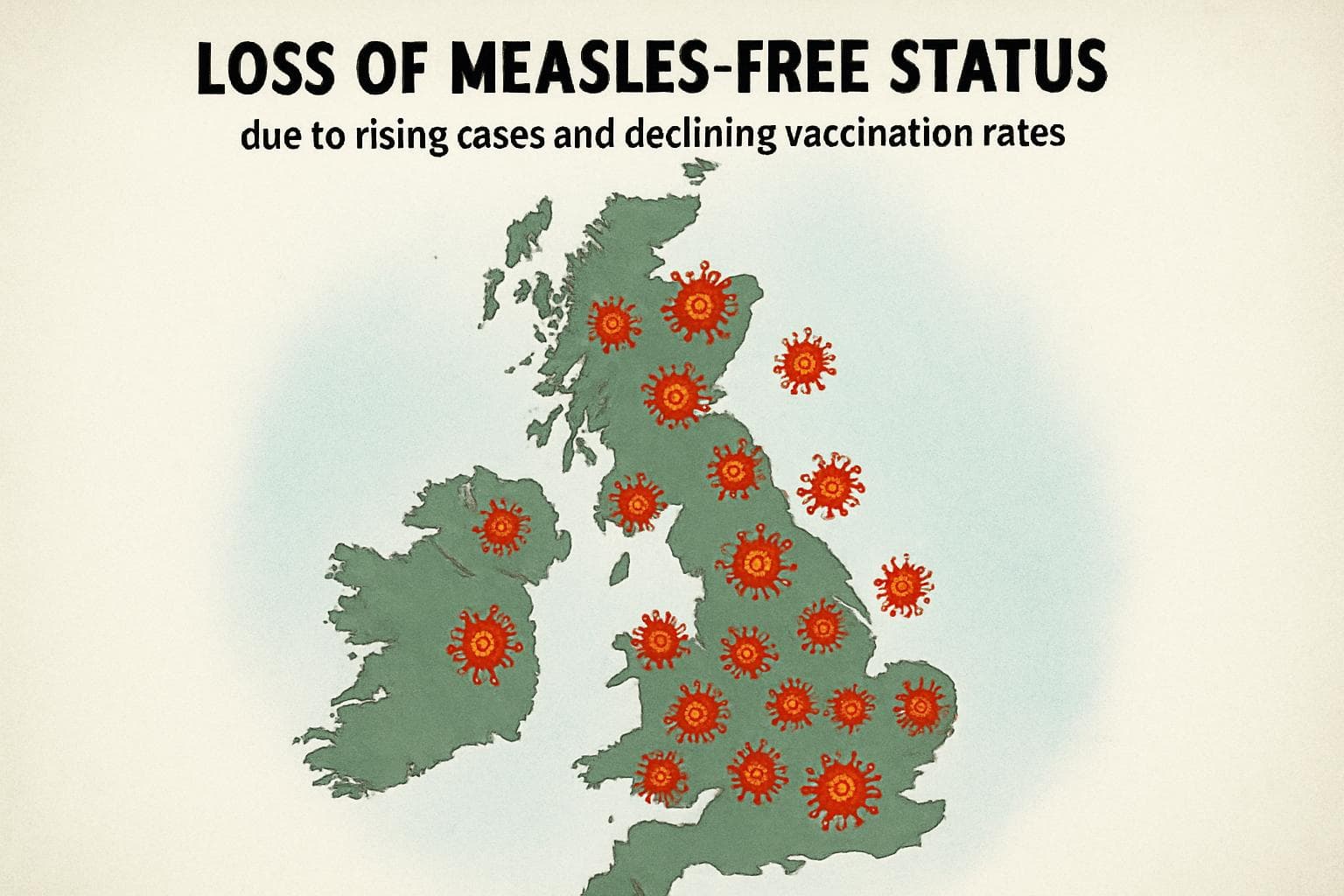 Map of the UK with measles virus symbols