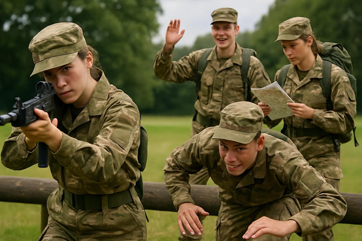 Young recruits in military uniforms during training activities