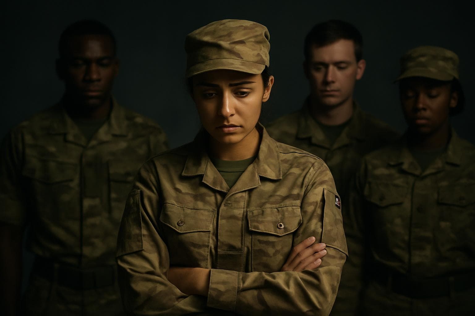 Diverse military personnel with a spotlight on a female soldier