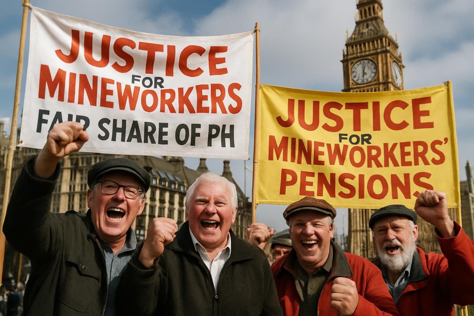 Former UK mineworkers celebrating pension boost outside Parliament