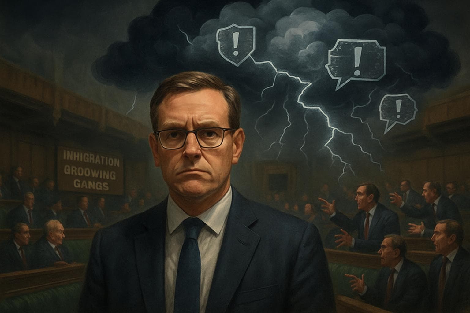 UK MP in political setting with digital storm clouds