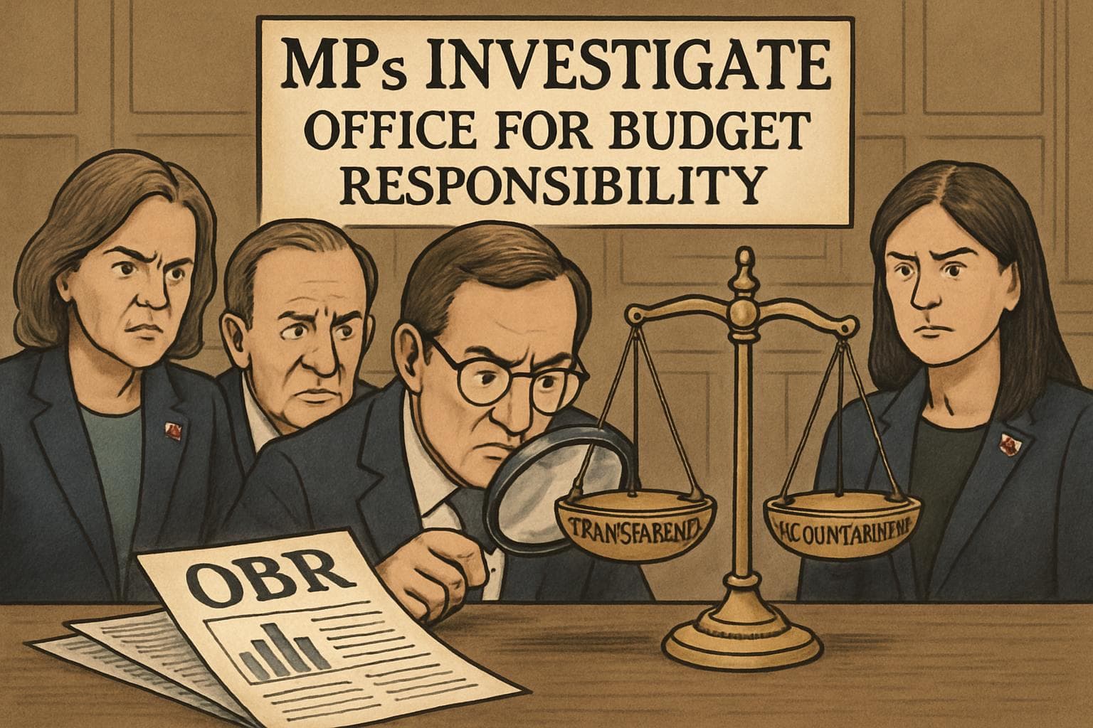 UK MPs examining financial documents with a magnifying glass