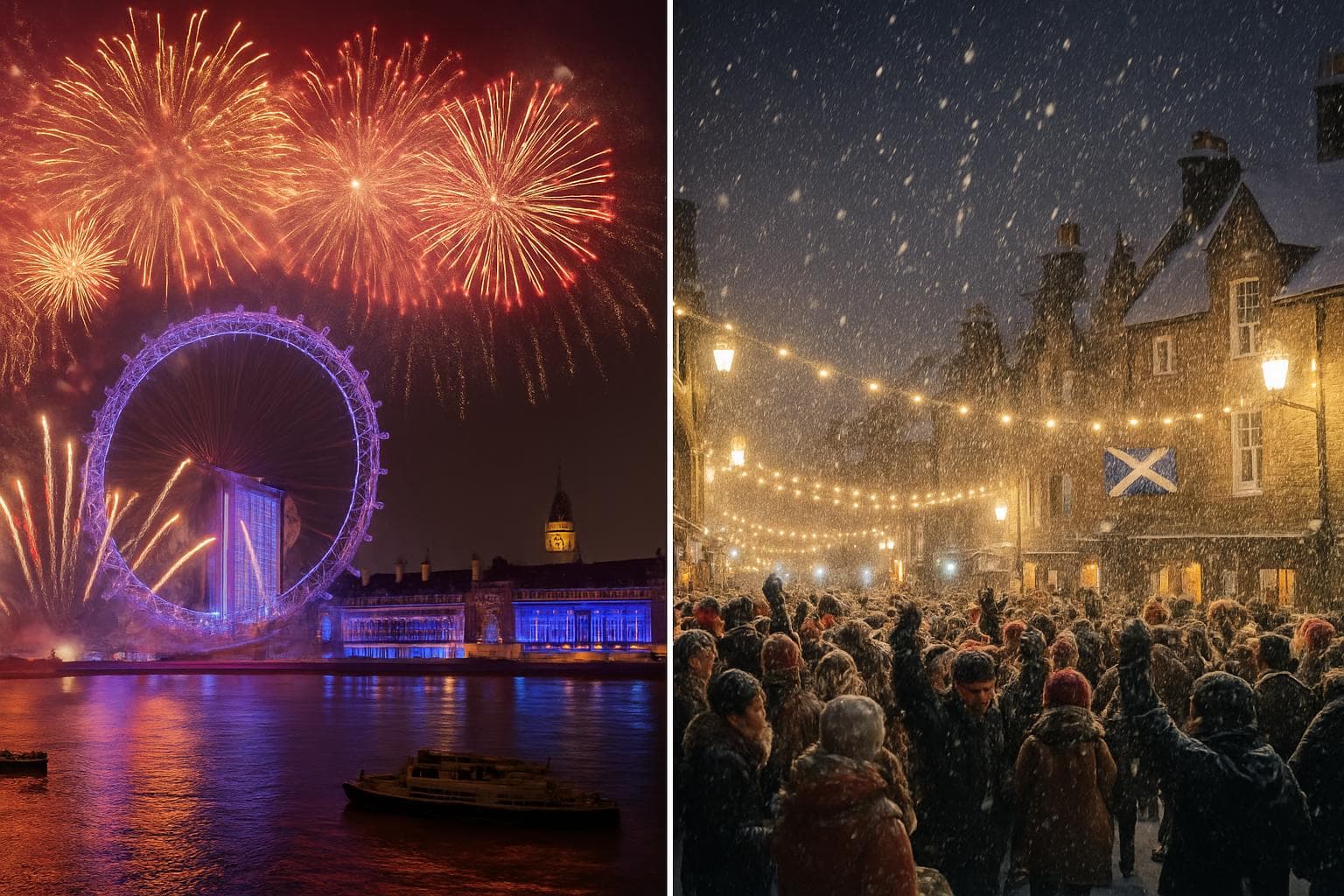 New Year fireworks over London's Thames and snowy street party in Edinburgh