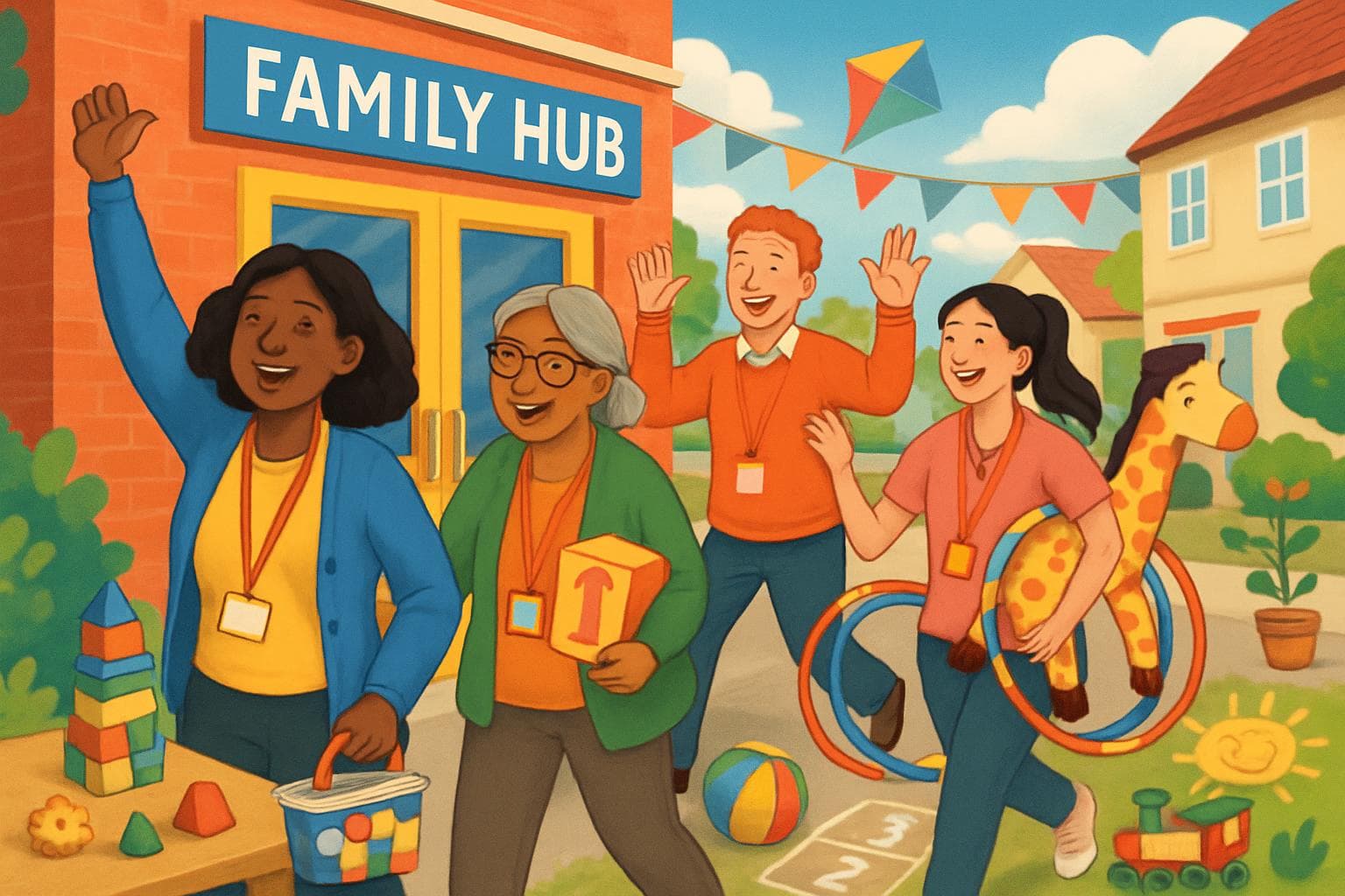 Diverse nursery teachers entering colorful family hubs