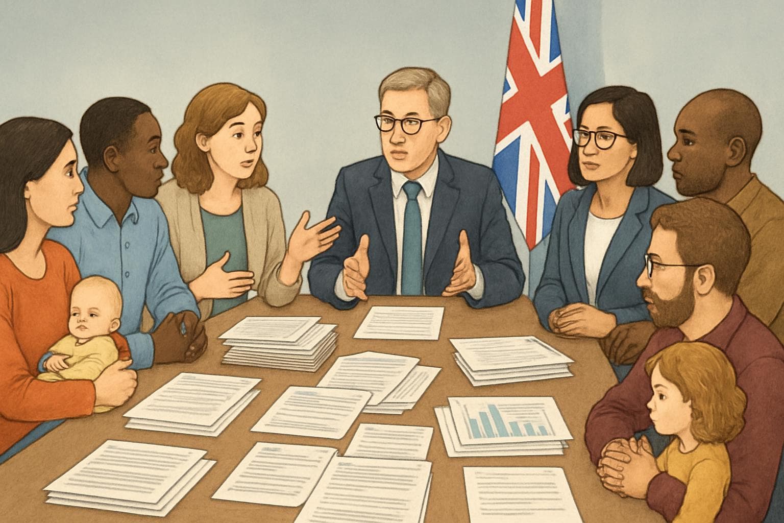 Diverse parents and officials discussing UK parental leave