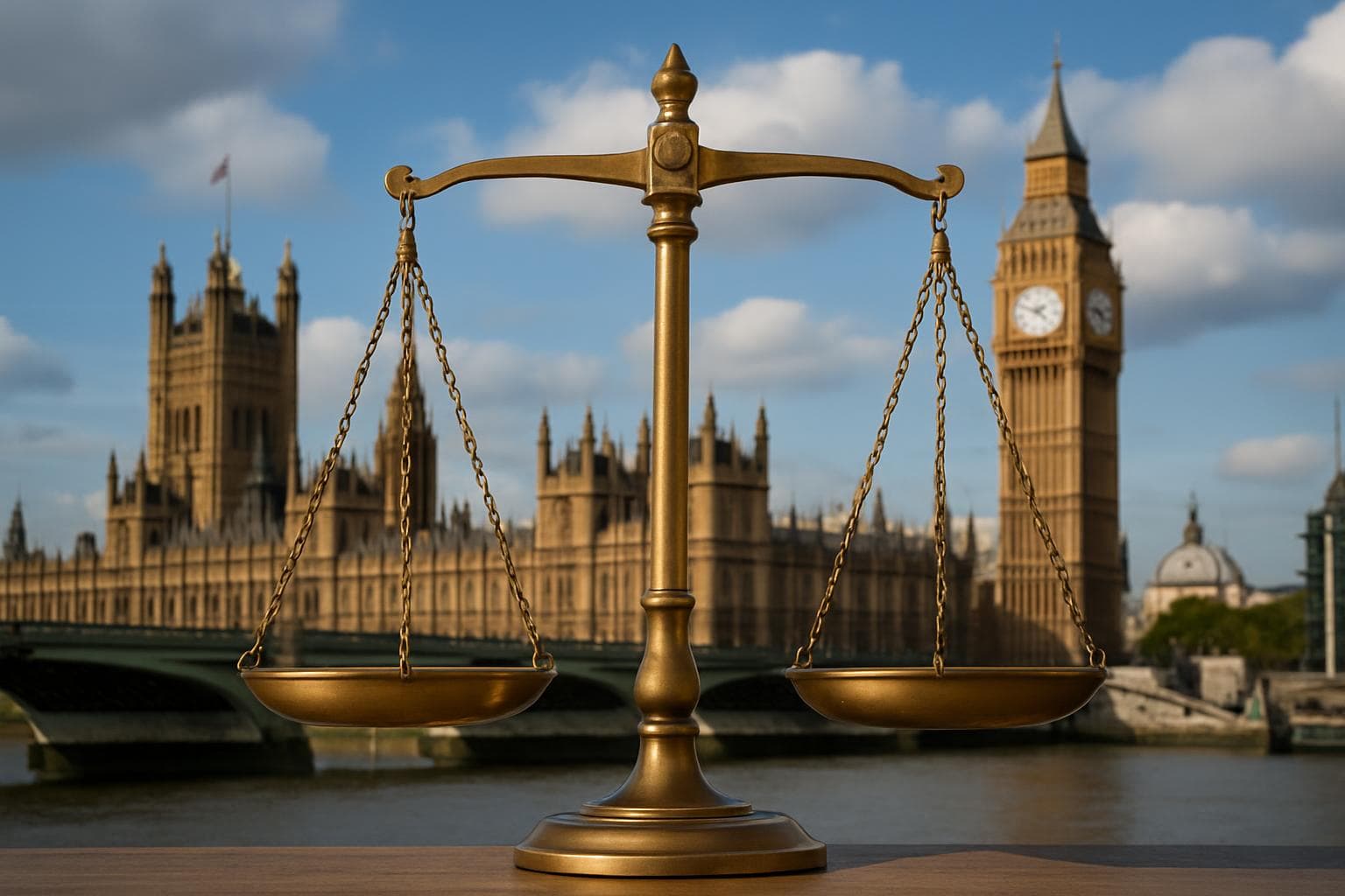 Balanced scale in front of UK Parliament building