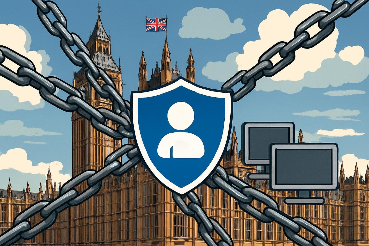 UK Parliament with chains and a digital shield symbolizing regulations