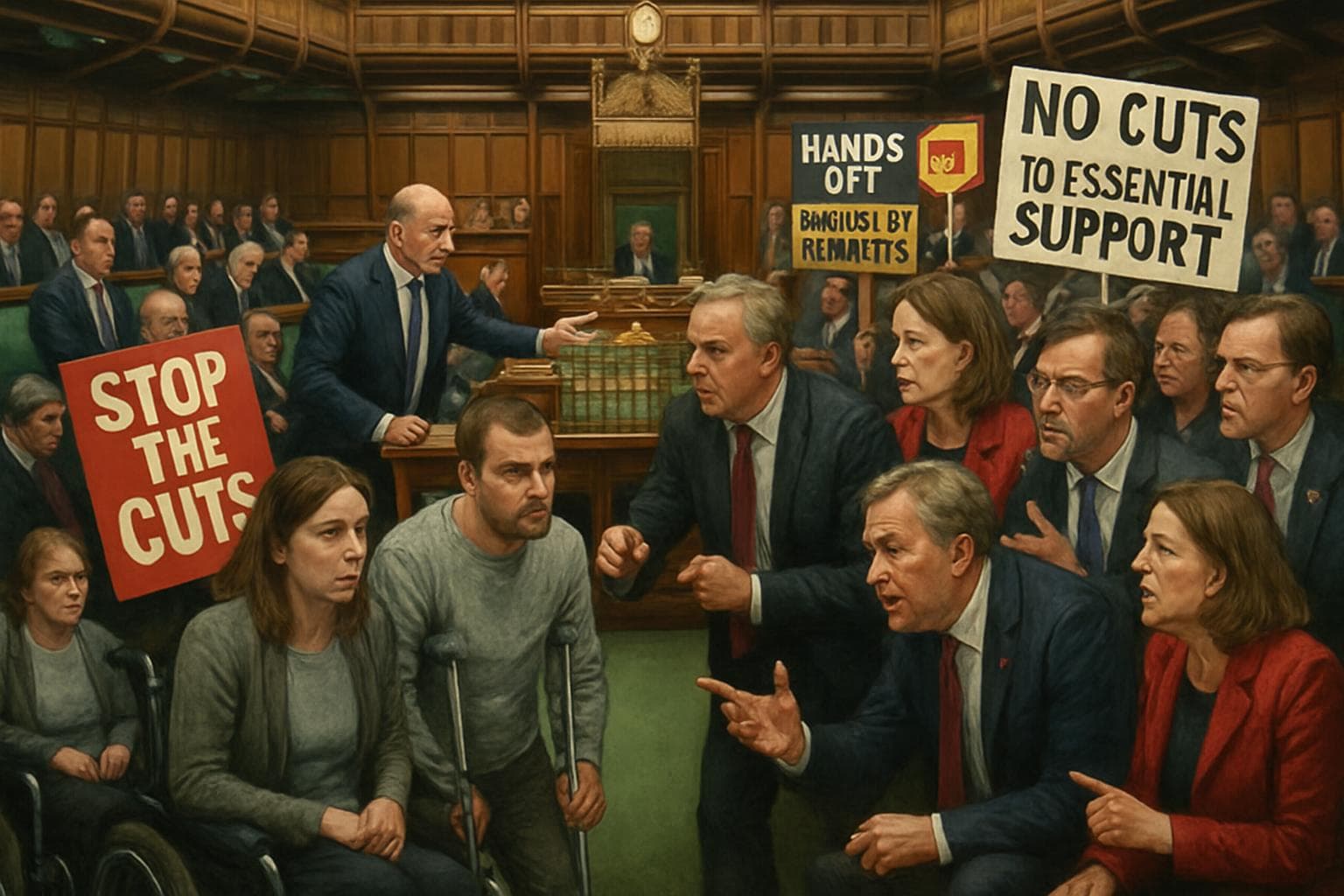 UK Parliament debating welfare reforms with protest signs