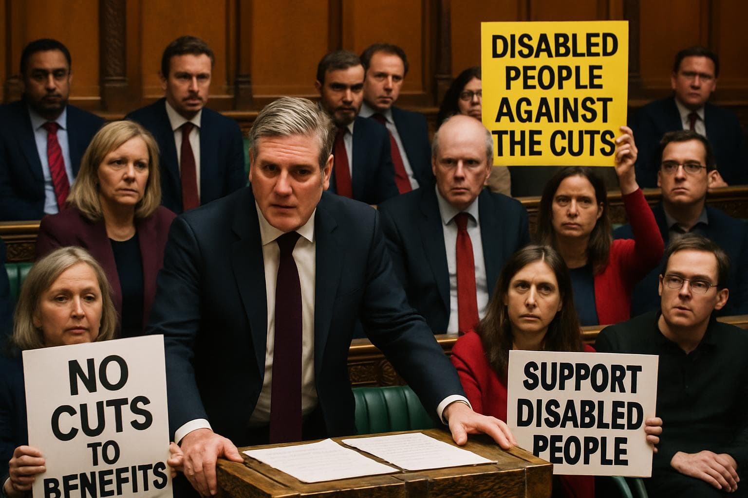 Prime Minister Keir Starmer with Labour MPs and protestors in UK Parliament