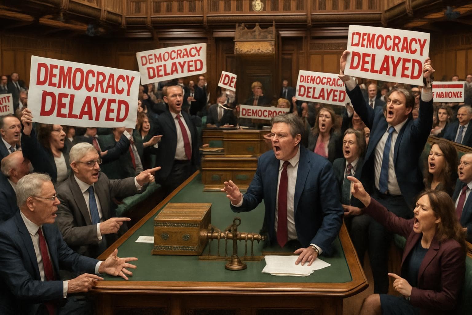 Political gathering at UK Parliament with 'Democracy Delayed' banners