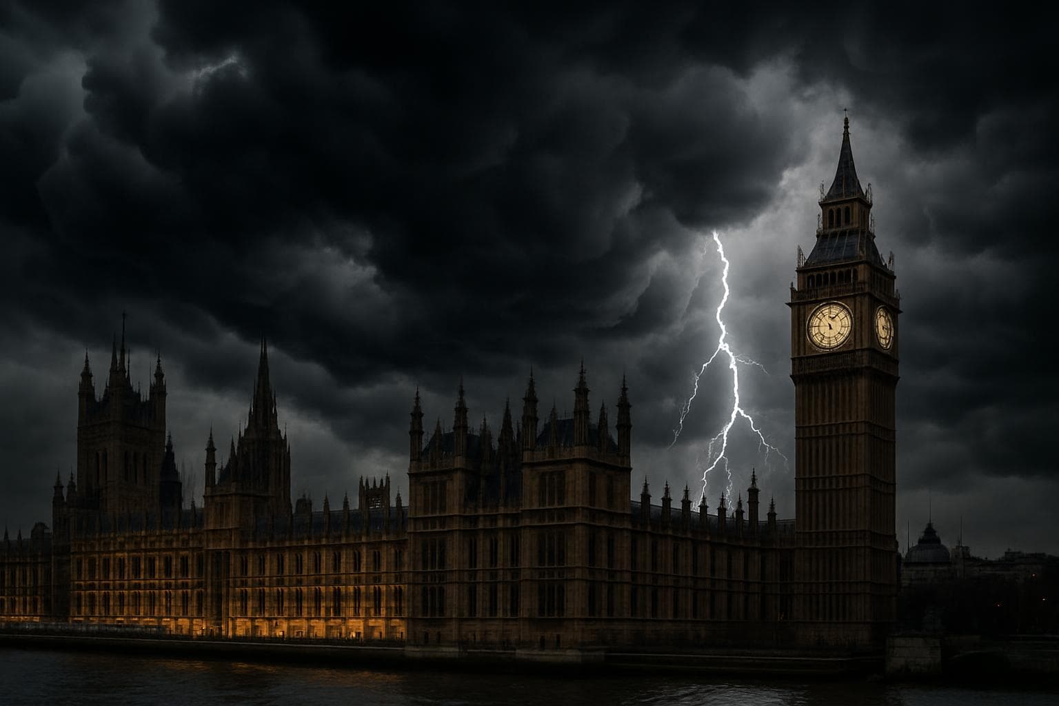 Storm clouds over UK Parliament building