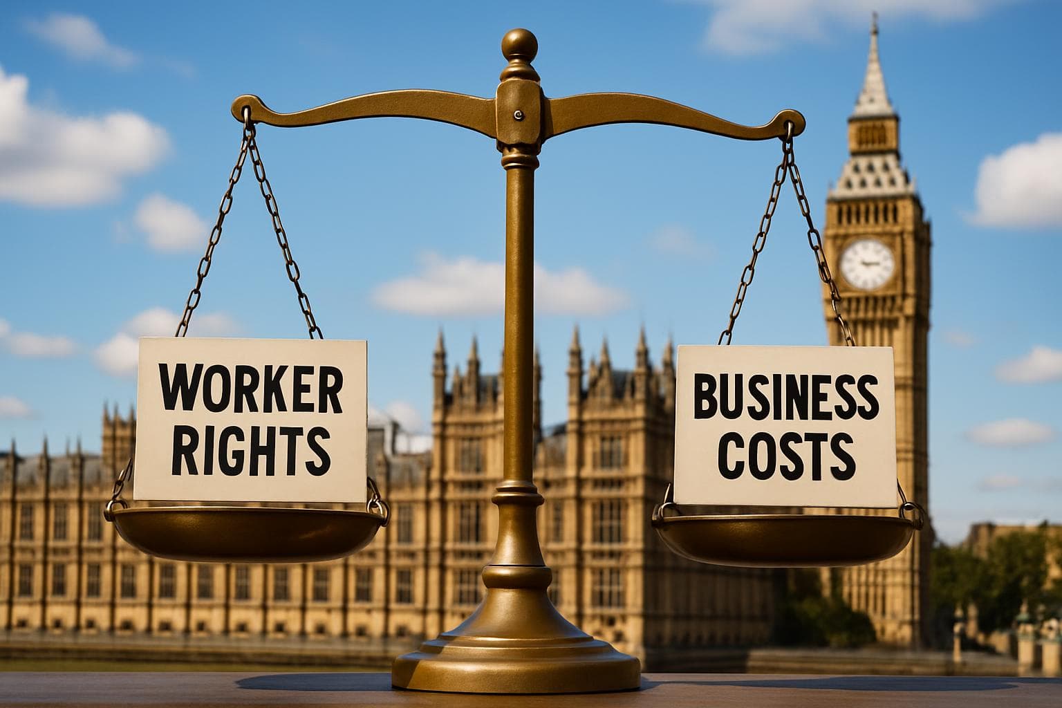 Scale balancing worker rights and business costs in front of UK Parliament