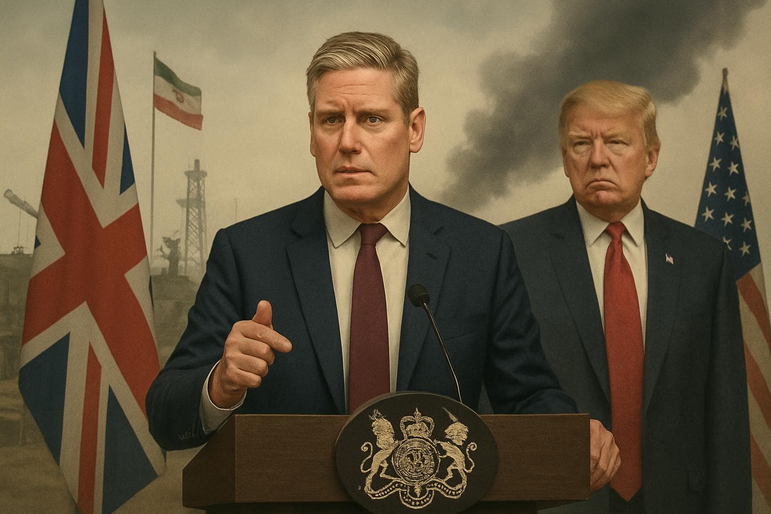 UK Prime Minister Keir Starmer at podium with Donald Trump in background
