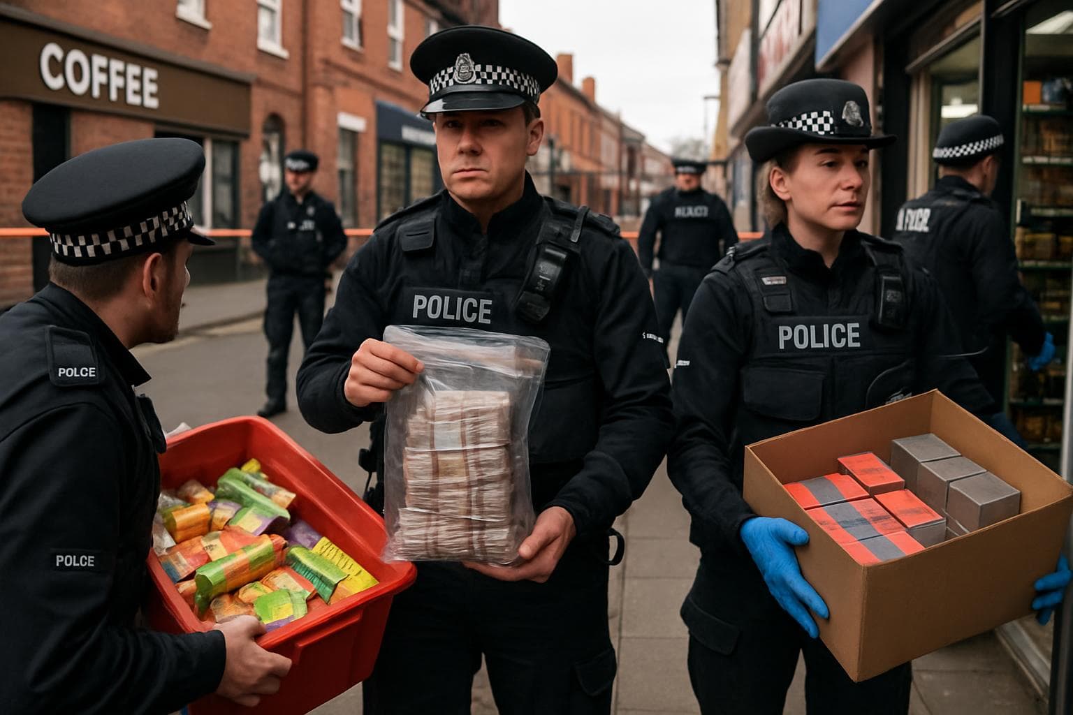 Police officers seizing counterfeit goods in UK cities