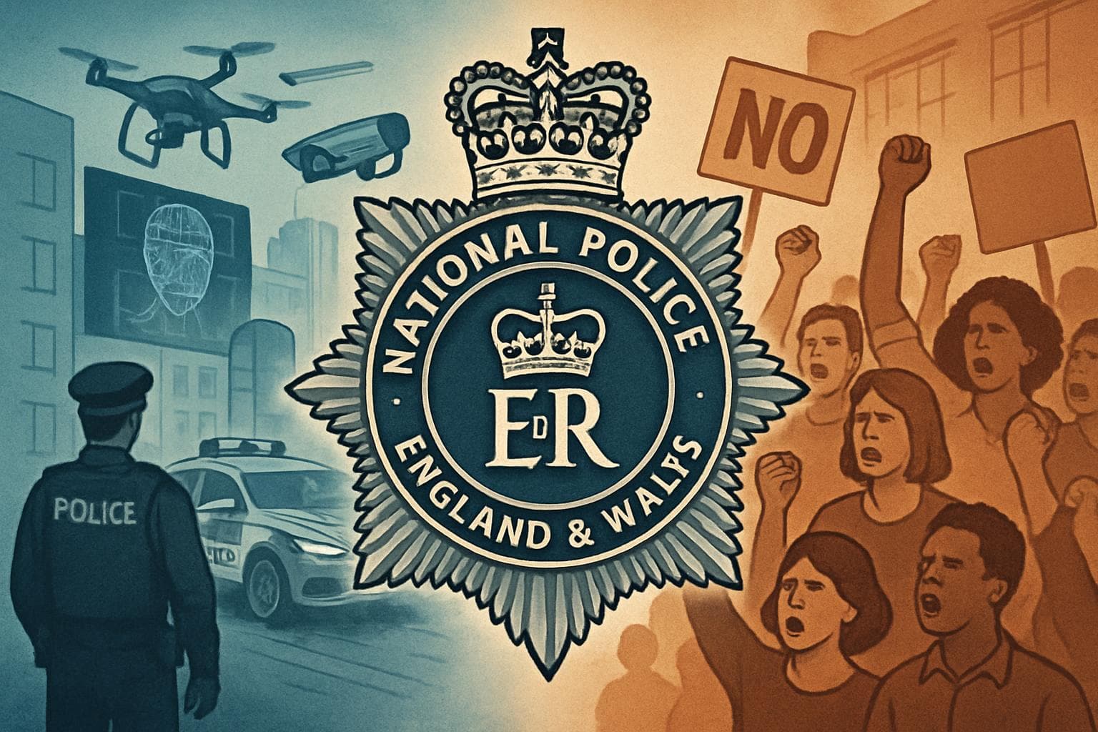 Central police emblem with technology and protest images