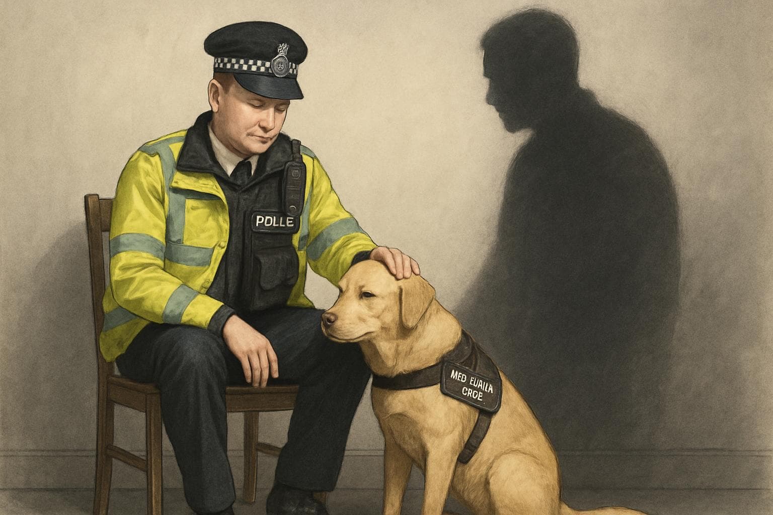 UK police officer with a wellbeing dog and shadowy figure
