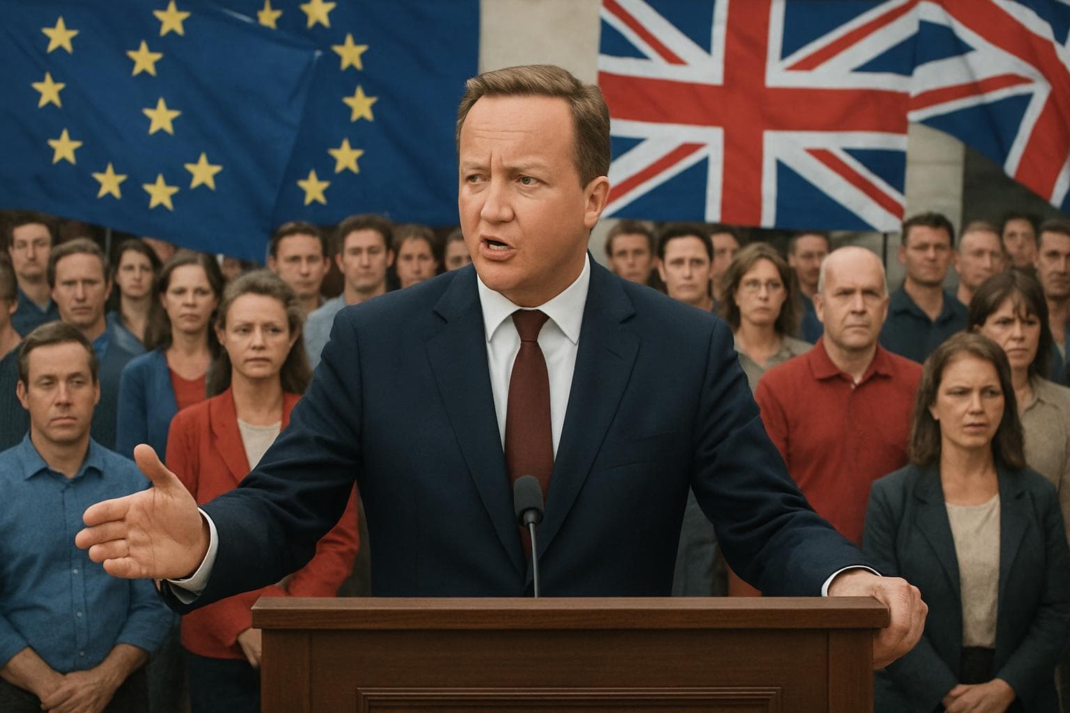 Political figure at podium with divided crowd on Brexit debate