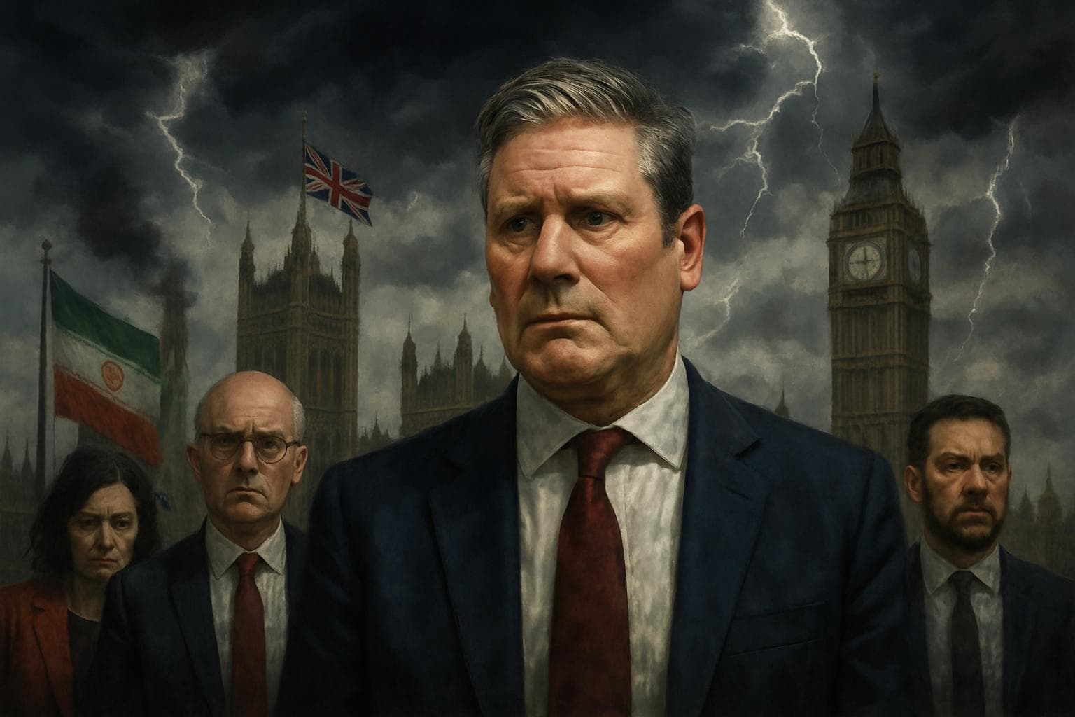 UK Prime Minister Keir Starmer with Labour Party under stormy skies