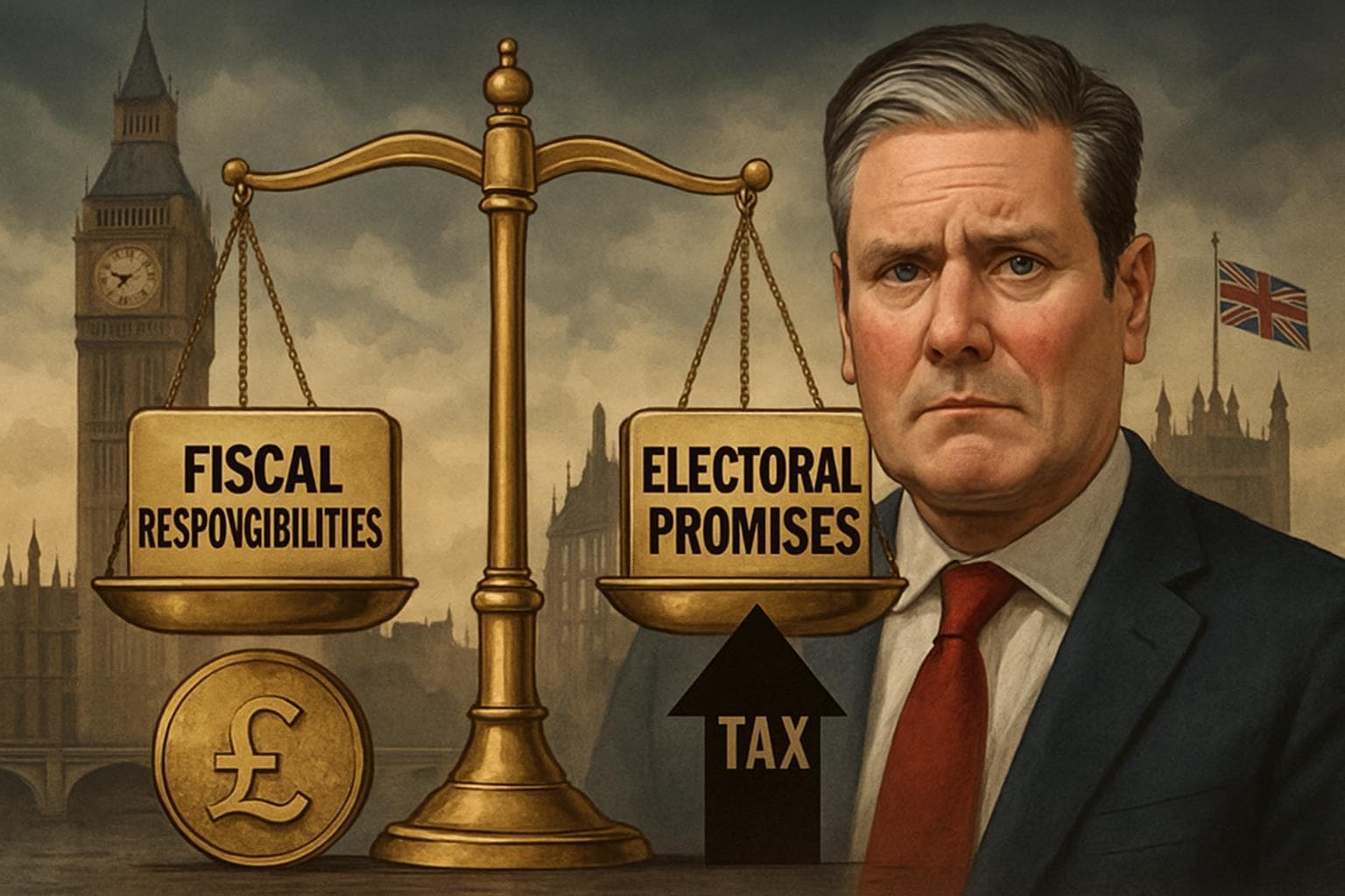 Scale balancing fiscal duties and promises with UK landmarks