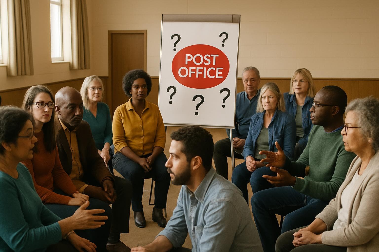 Diverse group discussing UK Post Office ownership in a hall