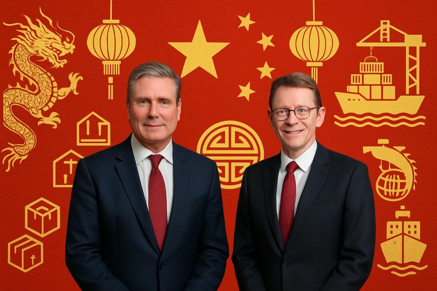 UK Prime Minister Keir Starmer and West Midlands Mayor Richard Parker with Chinese symbols