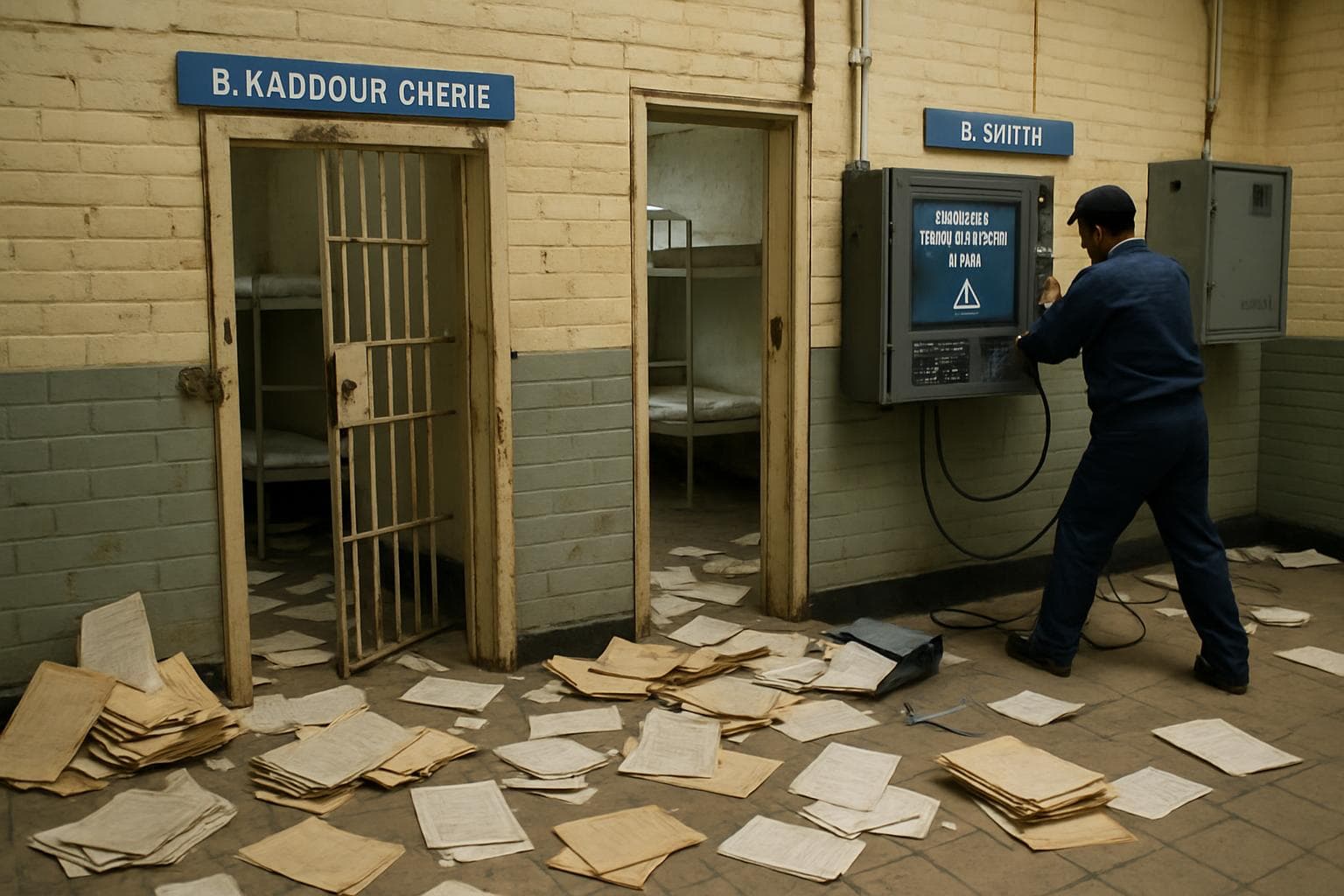 Open cell doors with nameplates in a UK prison