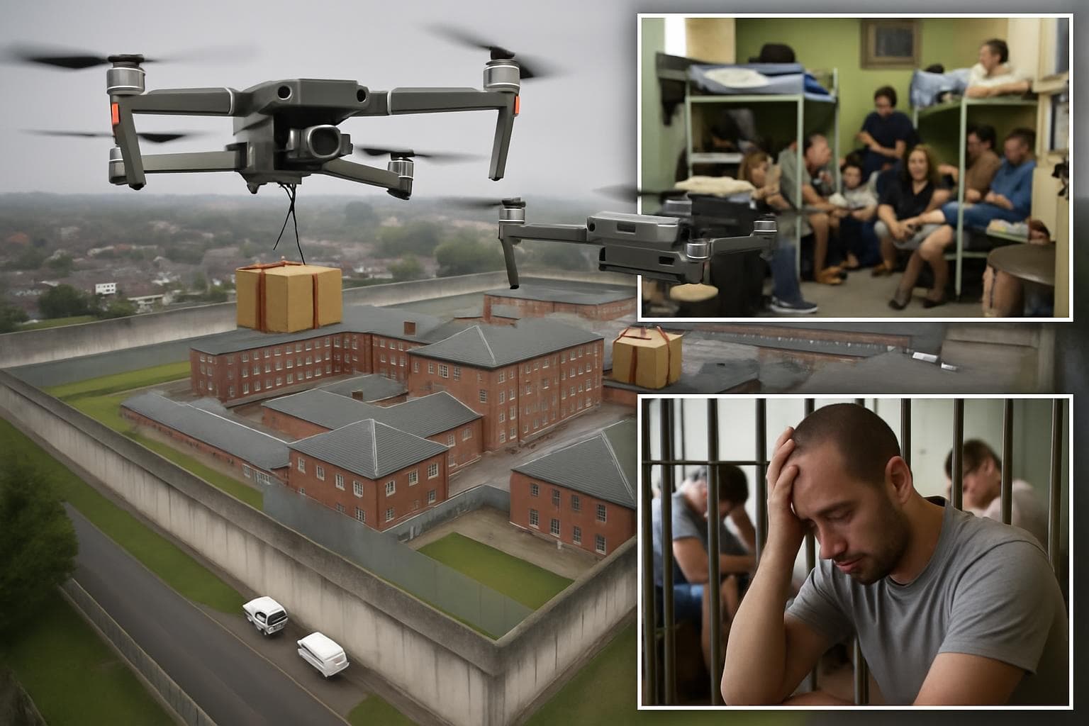 Aerial view of UK prison with drones and overcrowded cells