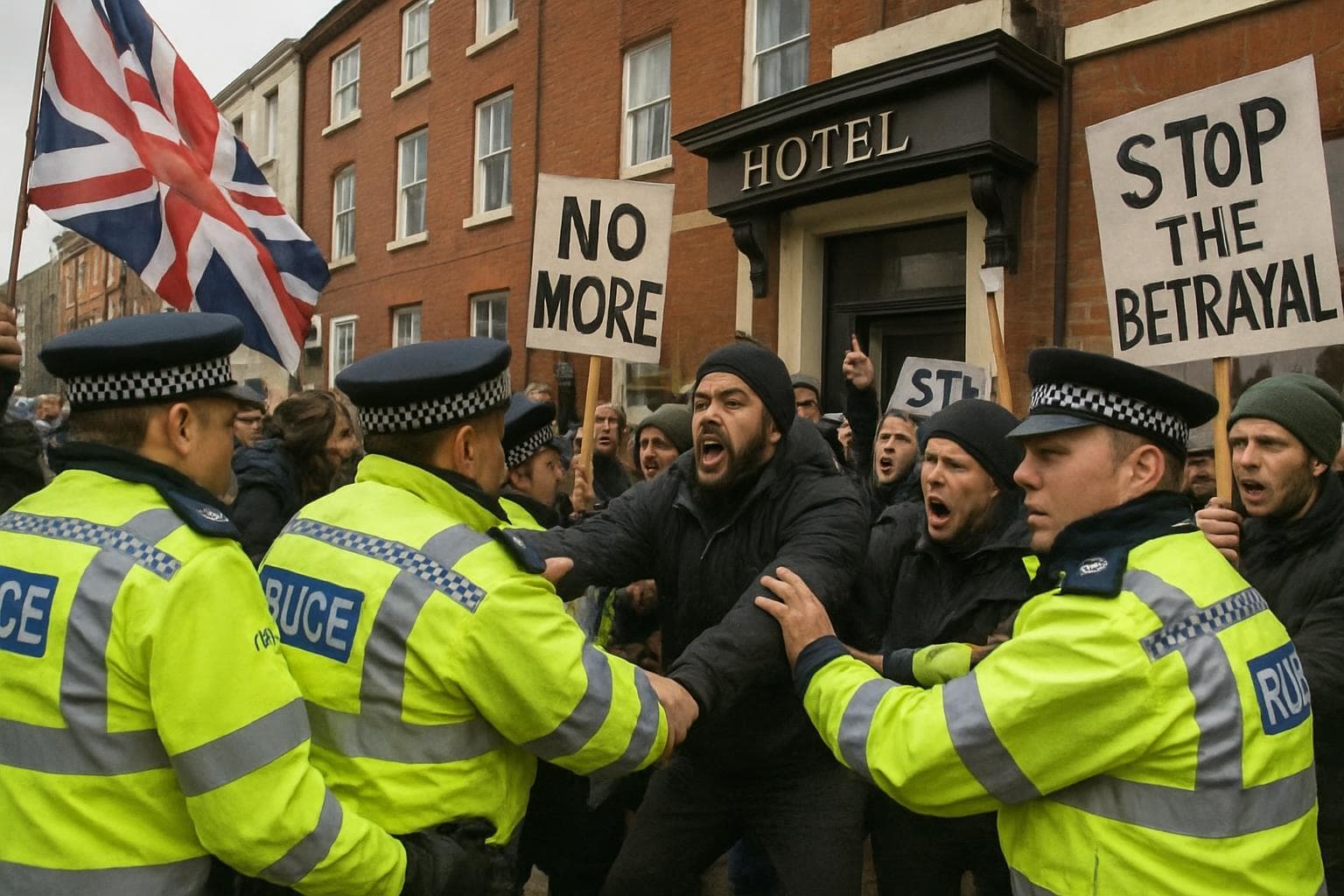 Protesters clash with police outside UK hotel for asylum seekers.