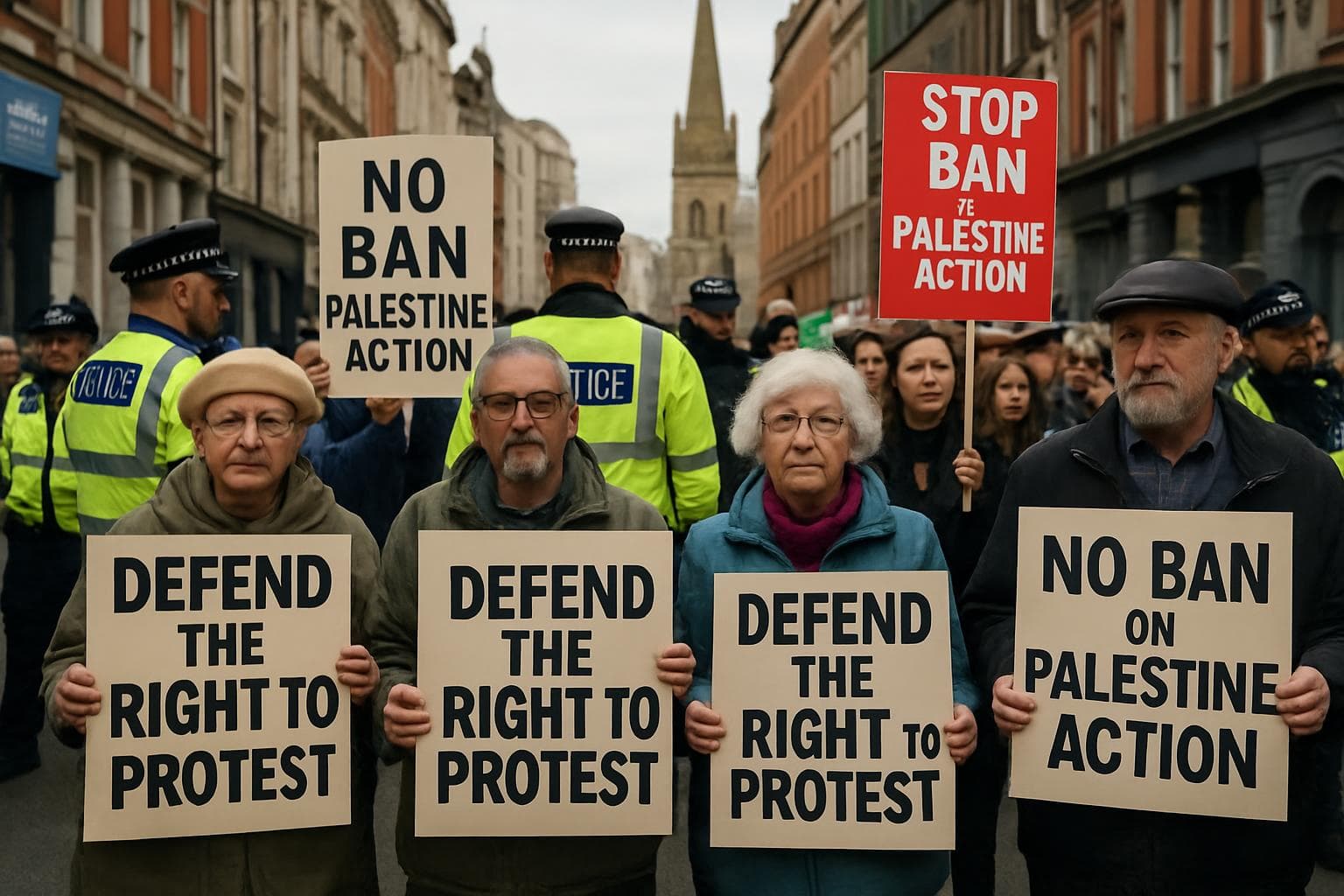 Protesters in UK cities holding signs against Palestine Action ban